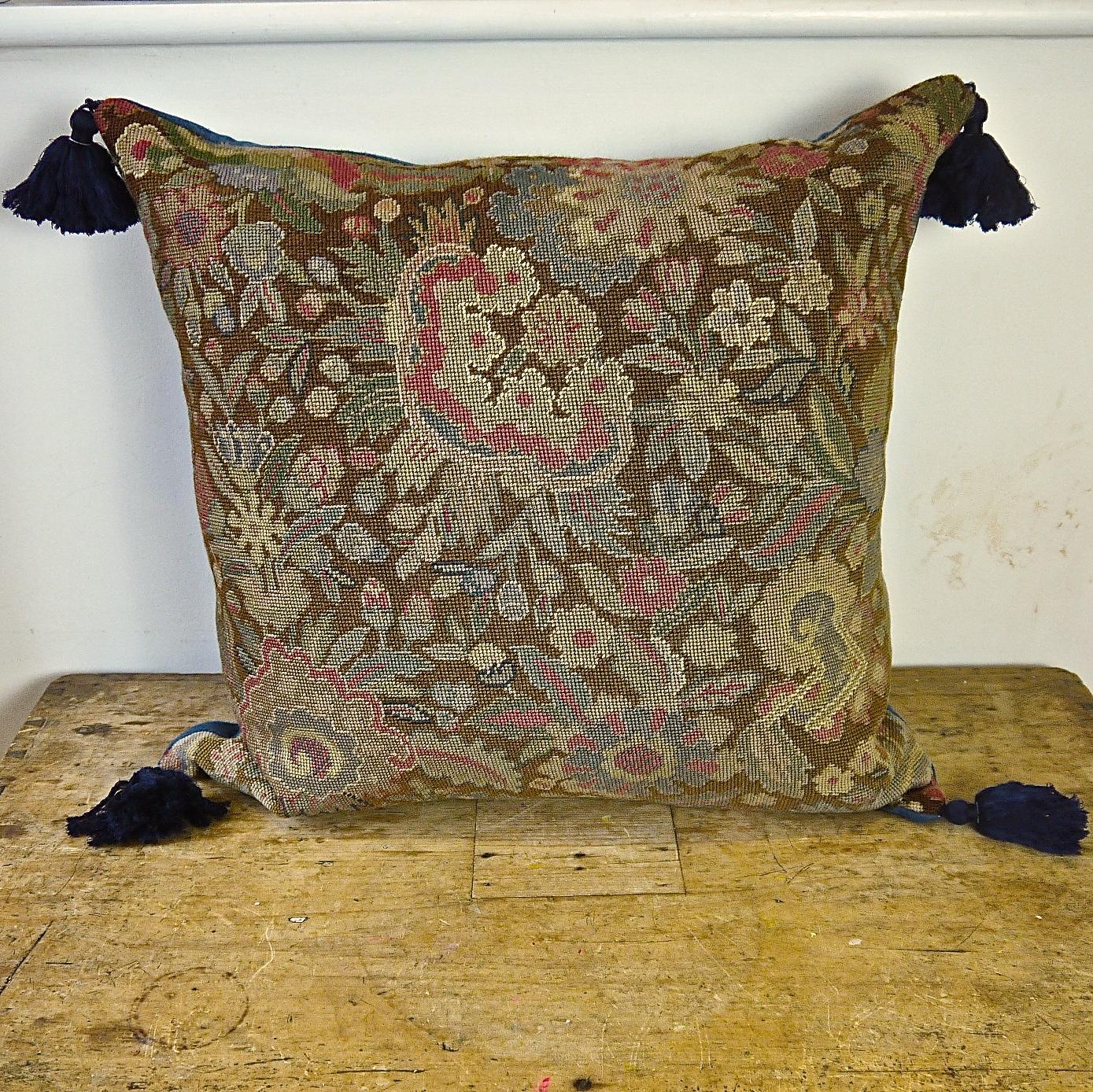 Wool Needlework Pillow with Indigo Silk Tassels, French, 19th Century In Good Condition For Sale In London, GB