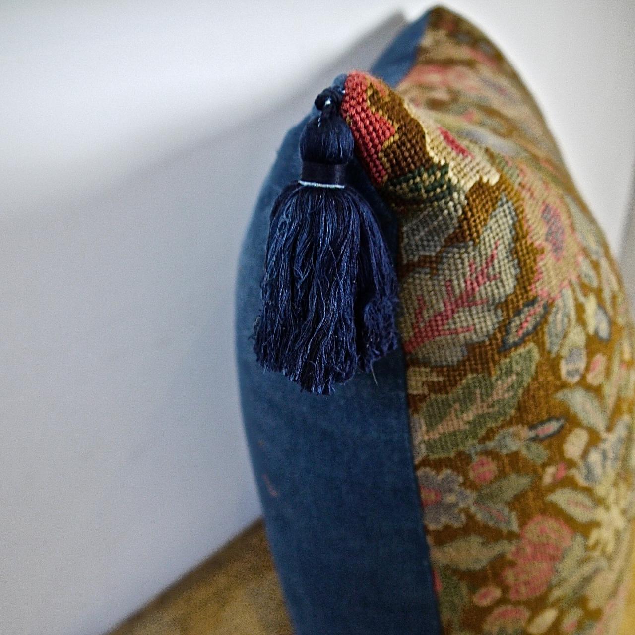 Wool Needlework Pillow with Indigo Silk Tassels, French, 19th Century For Sale 4