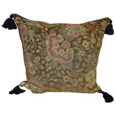 Wool Needlework Pillow with Indigo Silk Tassels, French, 19th Century