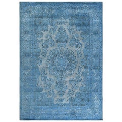 Wool Persian Kerman with Flower Medallion Worn Down Stone Wash Hand Knotted Rug
