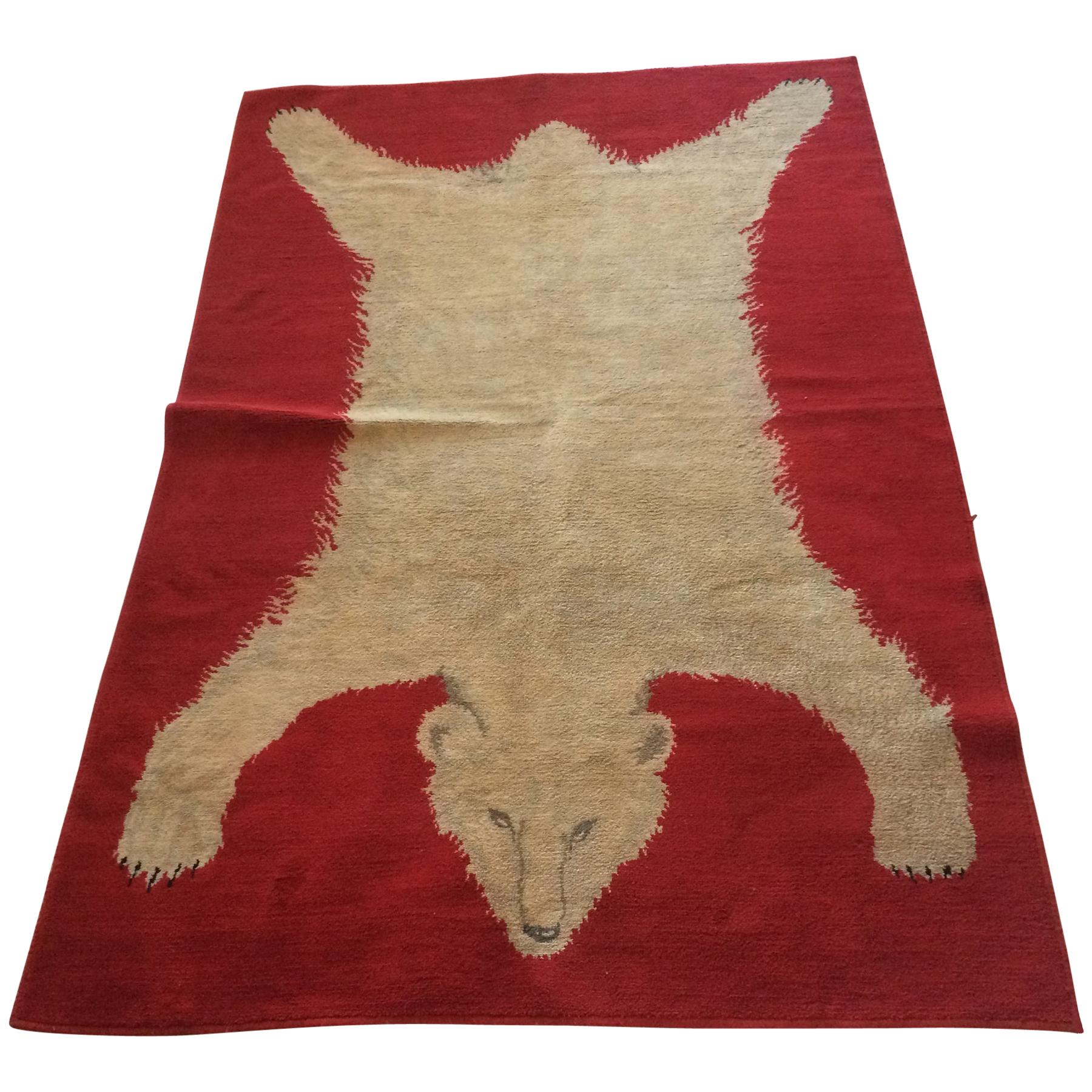 Wool Polar Bear Rug White on Red Background Vintage, 1960s For Sale at