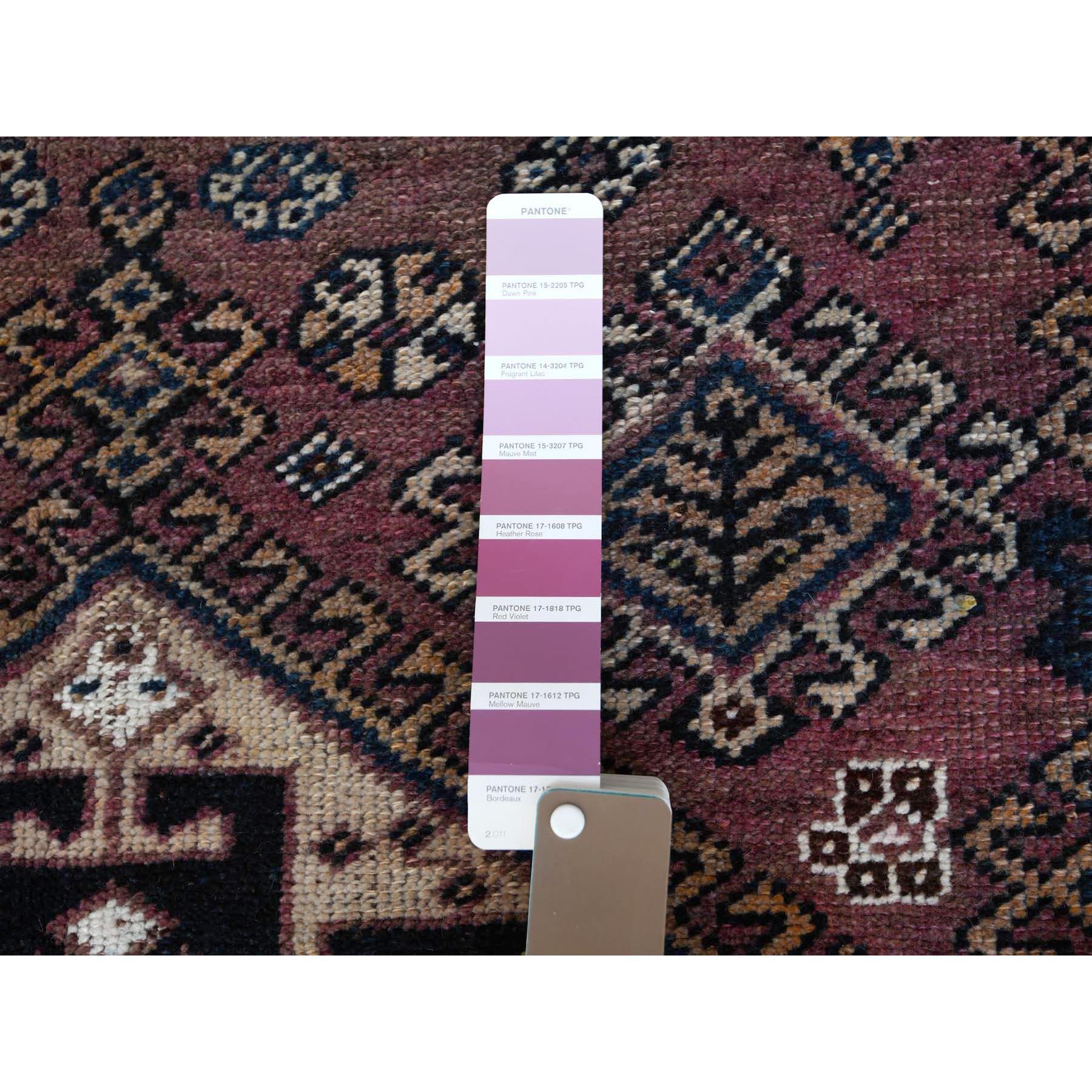 Hand-Knotted Wool Purple Hand Knotted Persian Shiraz Bohemian Old Sheared Low Rug For Sale