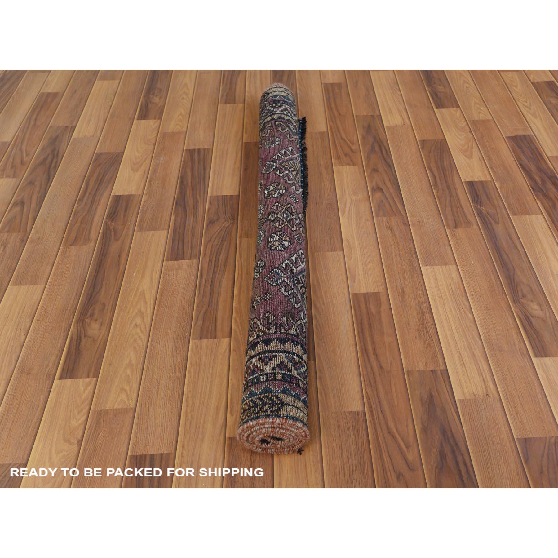 Wool Purple Hand Knotted Persian Shiraz Bohemian Old Sheared Low Rug In Good Condition For Sale In Carlstadt, NJ