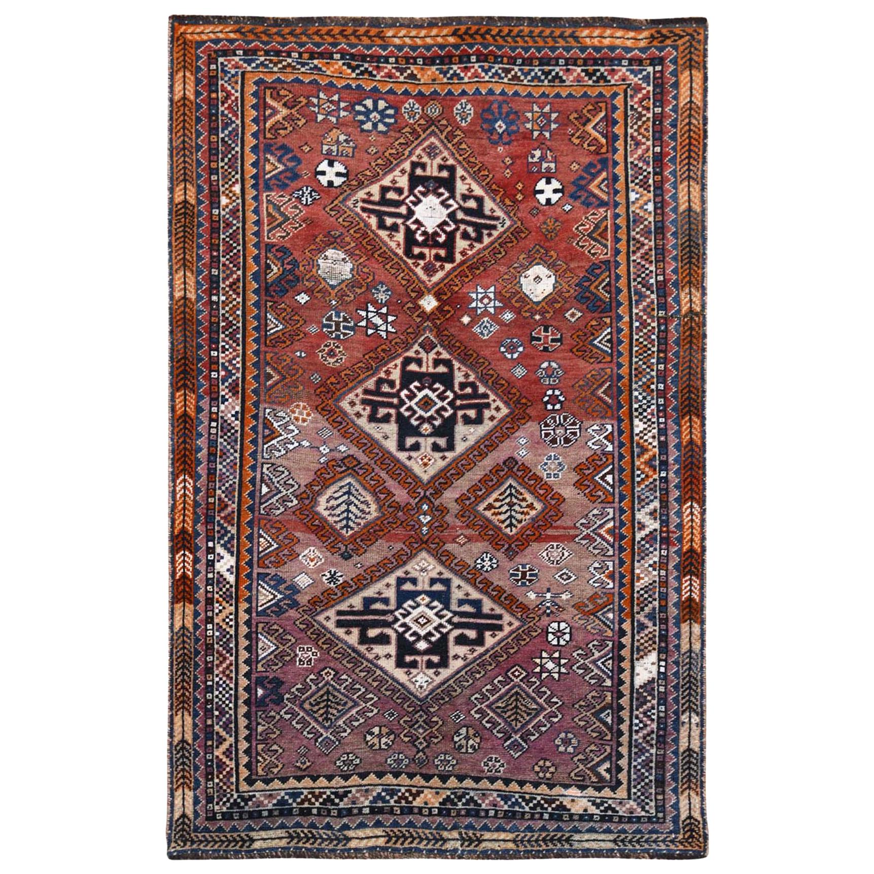 Wool Purple Hand Knotted Persian Shiraz Bohemian Old Sheared Low Rug