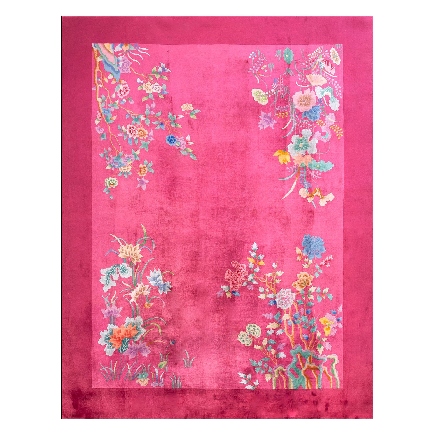Wool Room Size Bright Pink / Purple Floral Antique Chinese Art Deco Rug Carpet For Sale