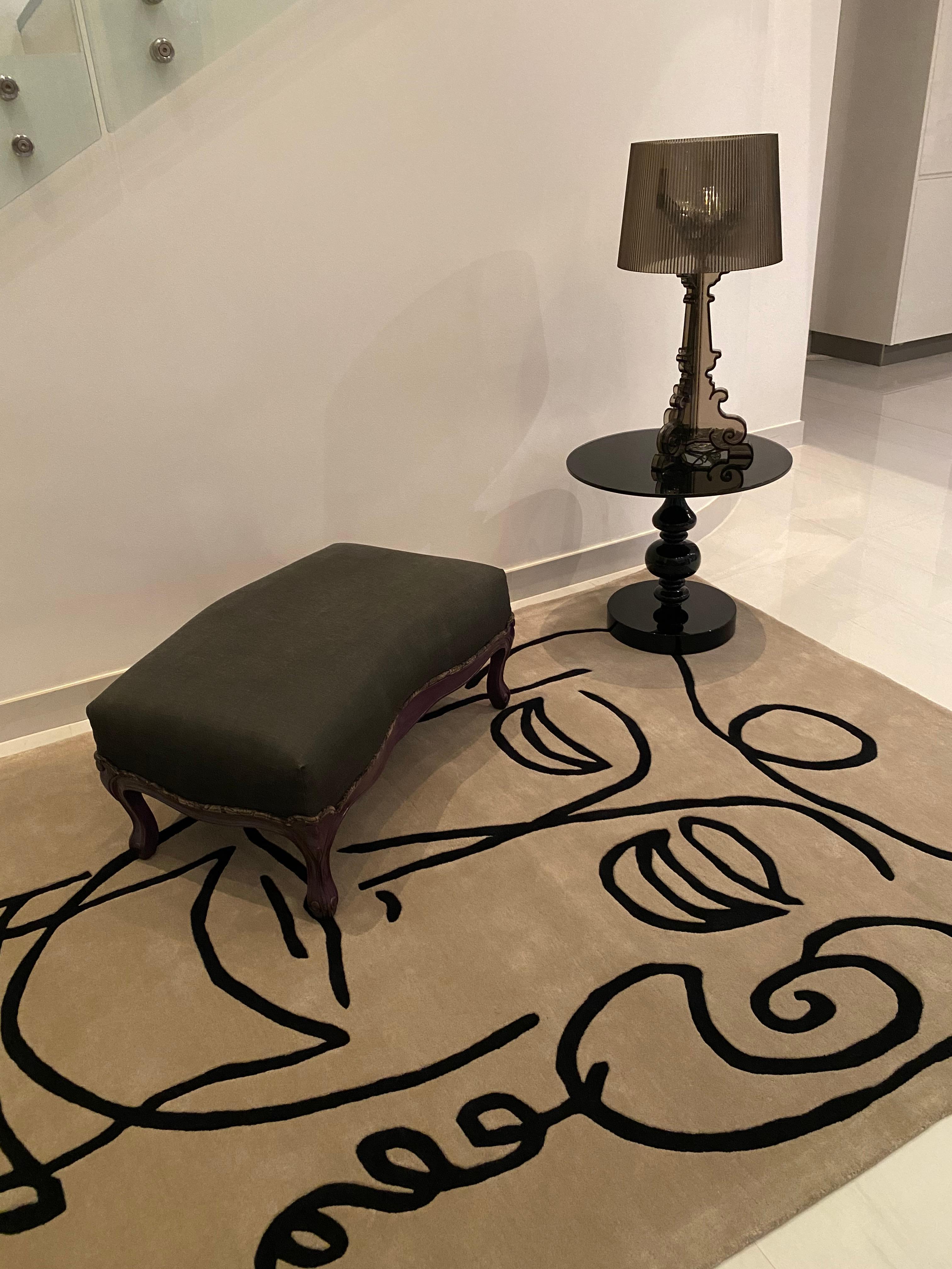 Modern  Rug Uncle Theodore - Wool Black Beige, Neutral, Lines, Portrait Handmade Carpet