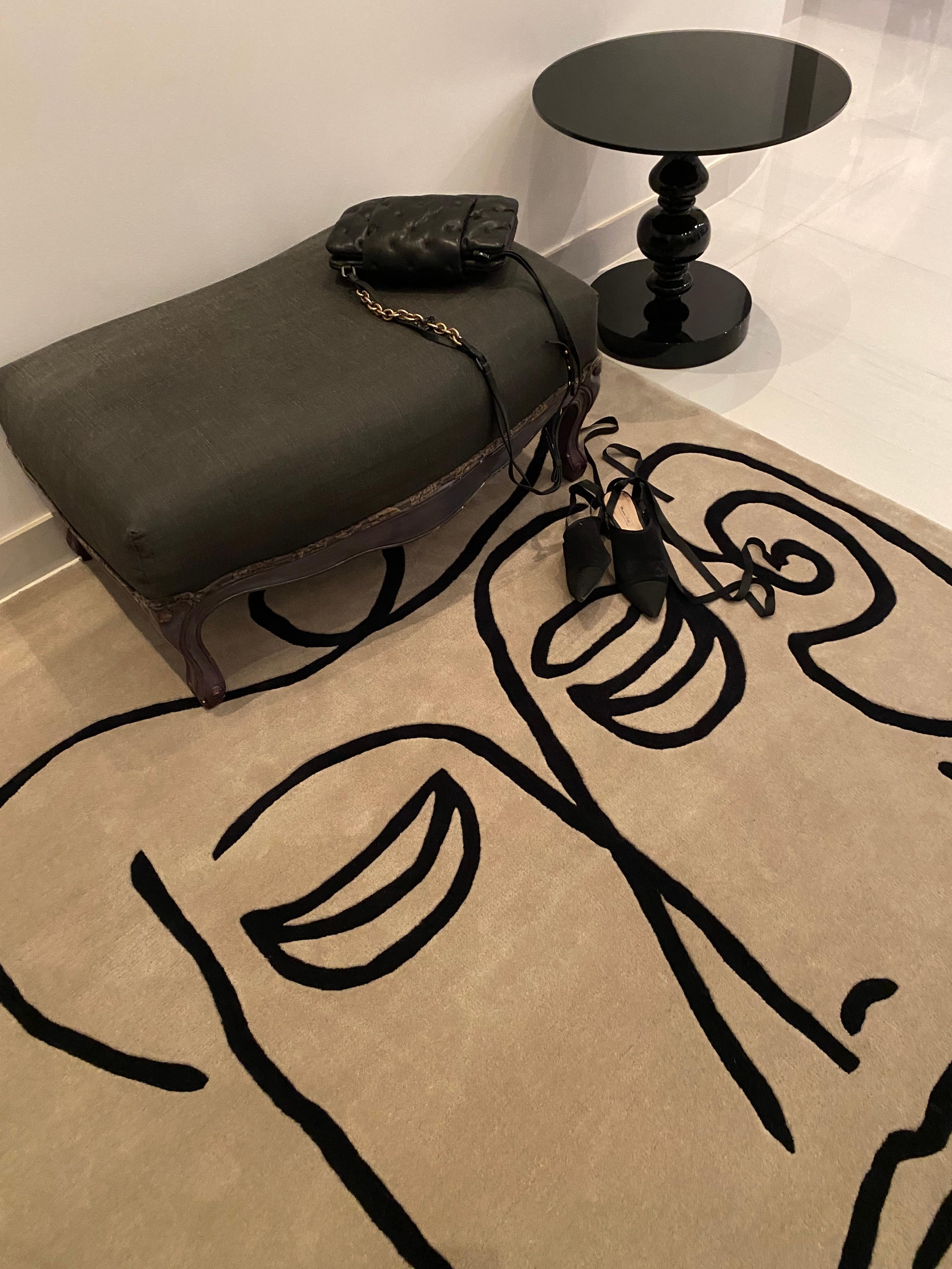  Rug Uncle Theodore - Wool Black Beige, Neutral, Lines, Portrait Handmade Carpet In New Condition In Dubai, Dubai