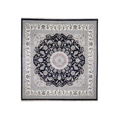 Wool & Silk 250 Kpsi Navy Blue Nain Hand Knotted Oriental Square Rug