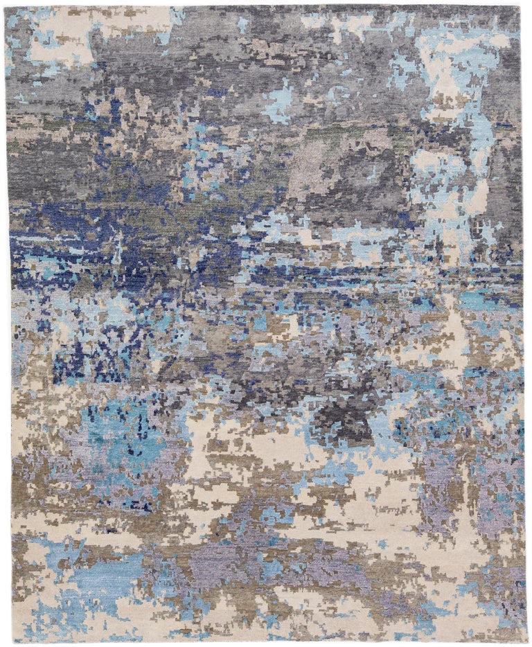 Blue Gray Abstract Rug Wool and Silk Contemporary Abstract Rug with Gray and Blue Color For ...