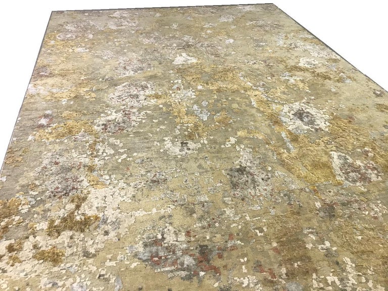 Gold Copper Beige Grey Textured HandKnotted Abstract Gallery Size Rug