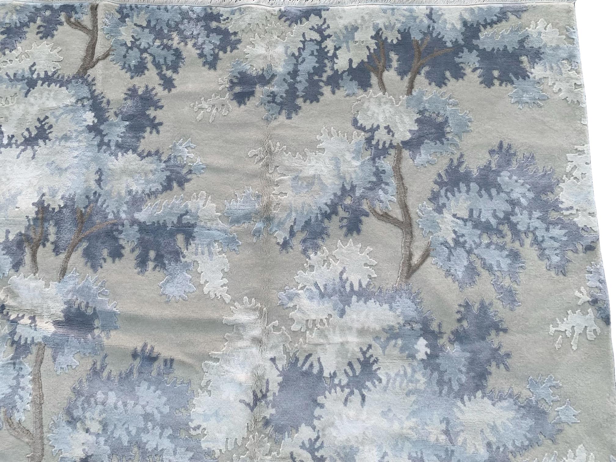 Annodato a mano Alberi blu in lana e seta a vita alta in vendita
