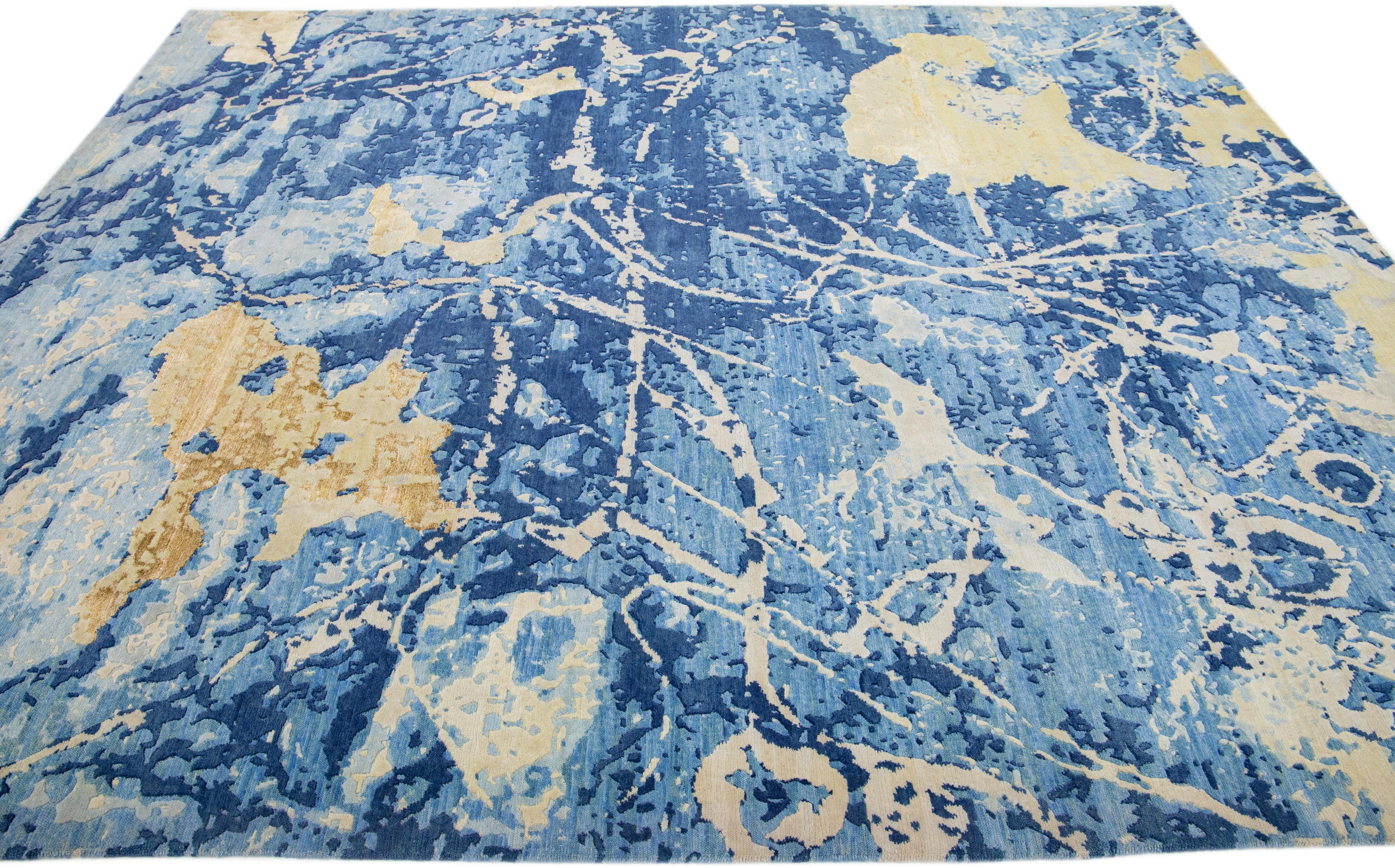 Hand-Knotted Wool & Silk Modern Handmade Rug with Abstract Blue/Yellow Motif For Sale