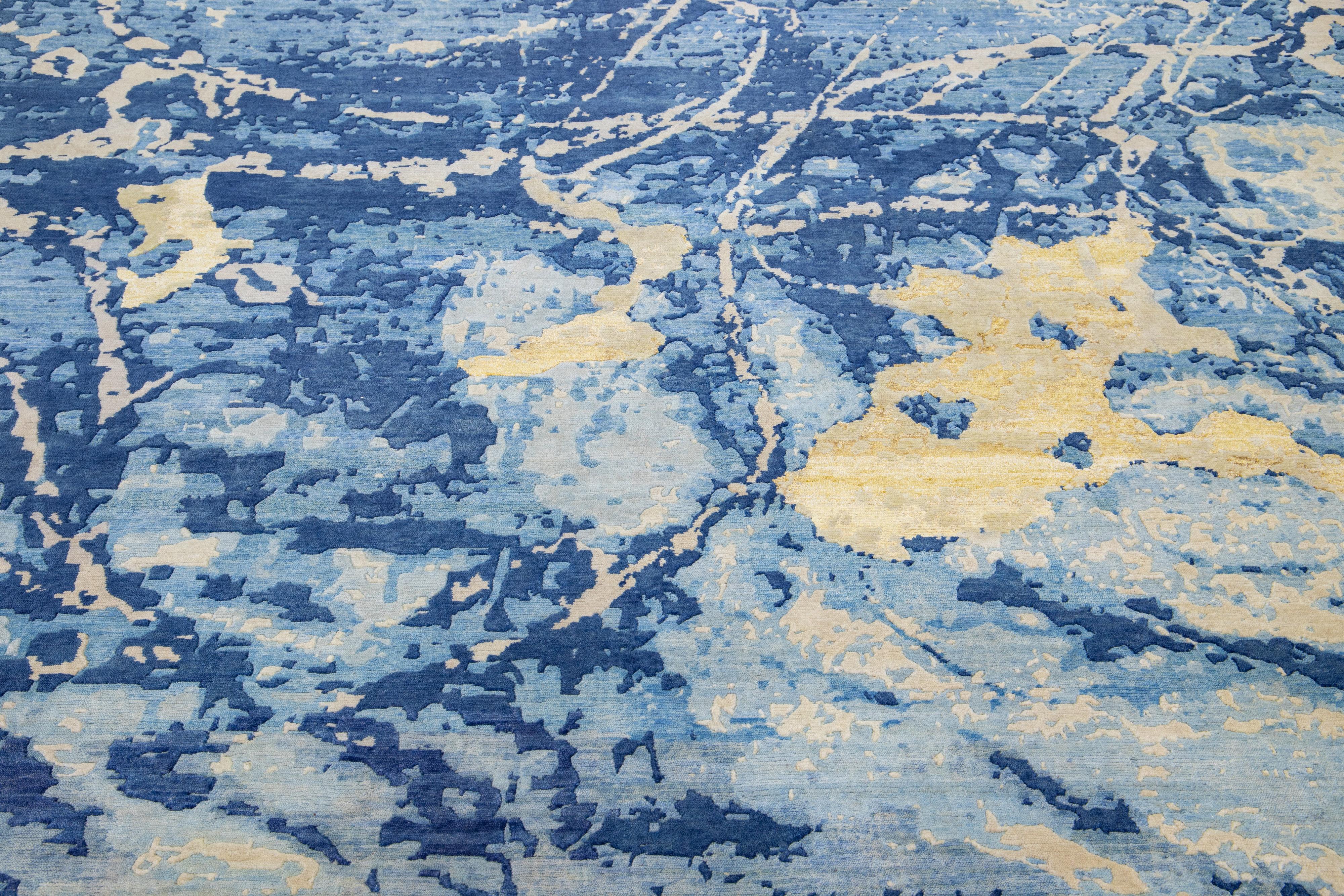 Contemporary Wool & Silk Modern Handmade Rug with Abstract Blue/Yellow Motif For Sale