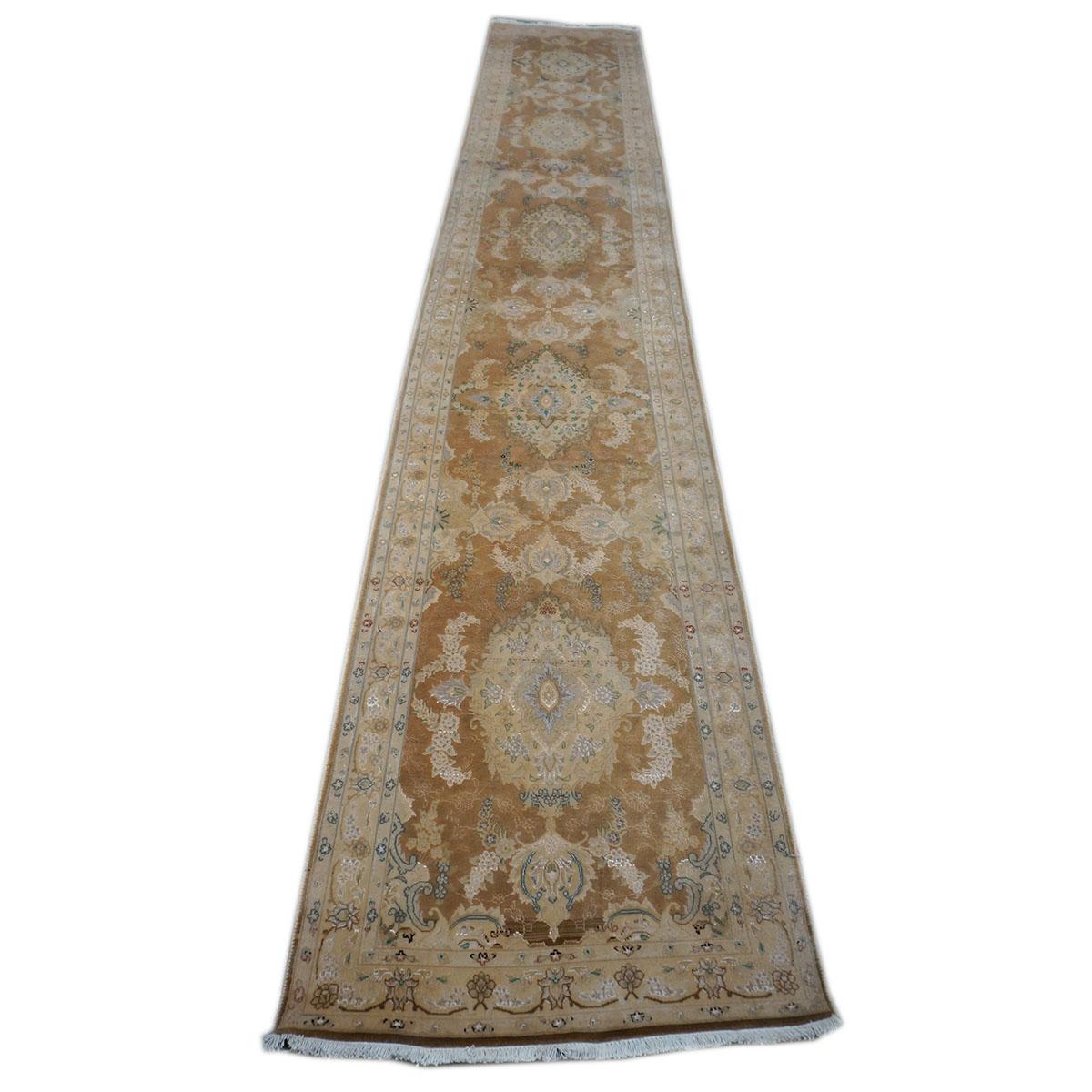 Hand-Woven Wool & Silk Persian Tabriz 3x16 Tan, Brown, & Green Handmade Hall Runner Rug For Sale