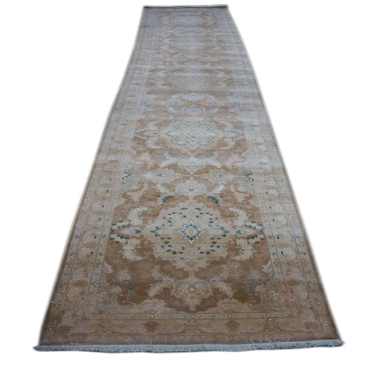 Wool & Silk Persian Tabriz 3x16 Tan, Brown, & Green Handmade Hall Runner Rug In Good Condition For Sale In Houston, TX