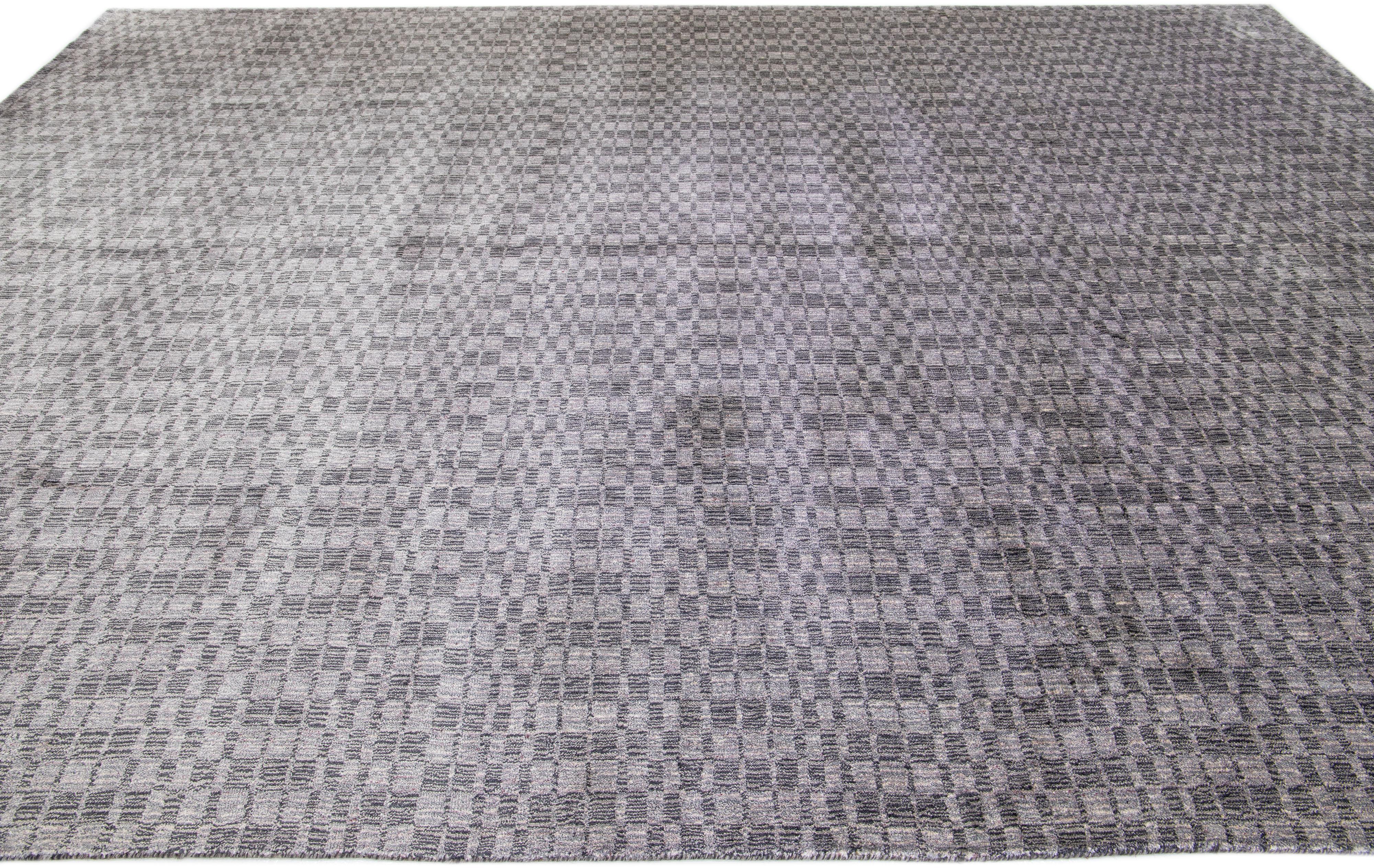 Afghan Wool & Silk Rug Handmade with Gray Geometric Pattern For Sale