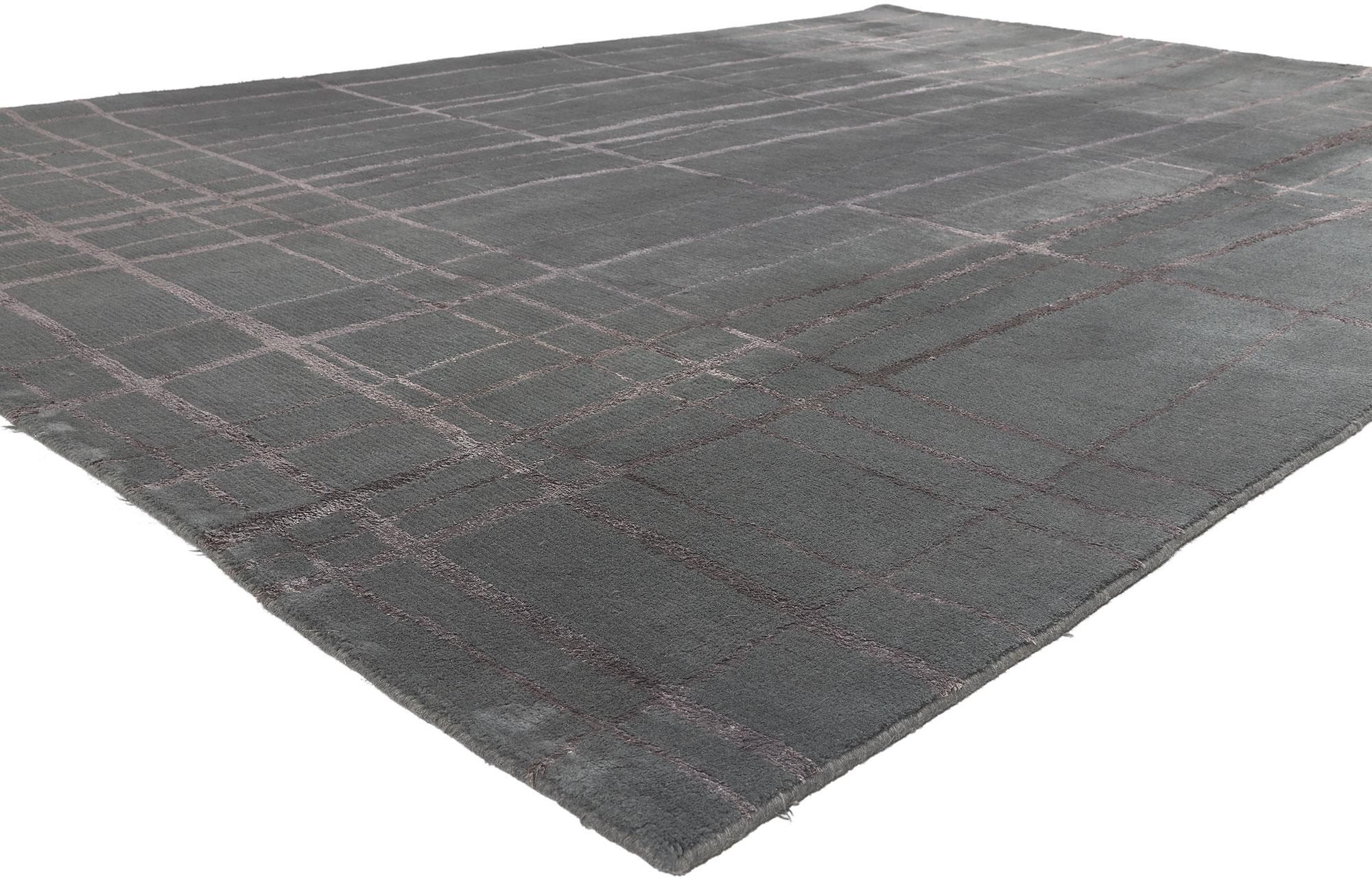 77308 Dark Gray Wool & Silk Tibetan Rug, 08'07 x 11'04.
Abstract Expressionism meets esoteric elegance in this hand knotted wool and silk vintage Tibetan rug. The abstract linear design and monochromatic color scheme woven into this piece work