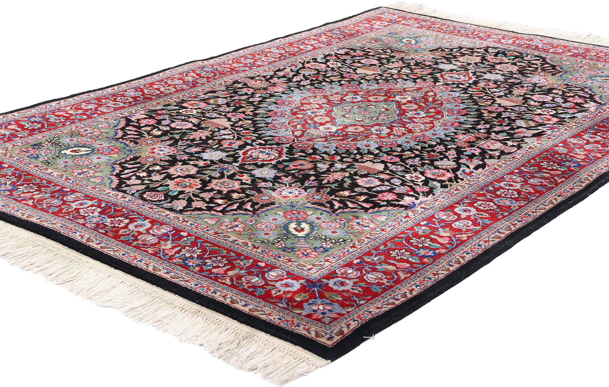 79117 Vintage Chinese Tabriz Rug, 04'01 x 06'03. This stunning hand-knotted wool and silk vintage Chinese Tabriz rug exemplifies the beauty and timeless elegance of Persian-inspired design, woven with exceptional skill and artistry. The Chinese