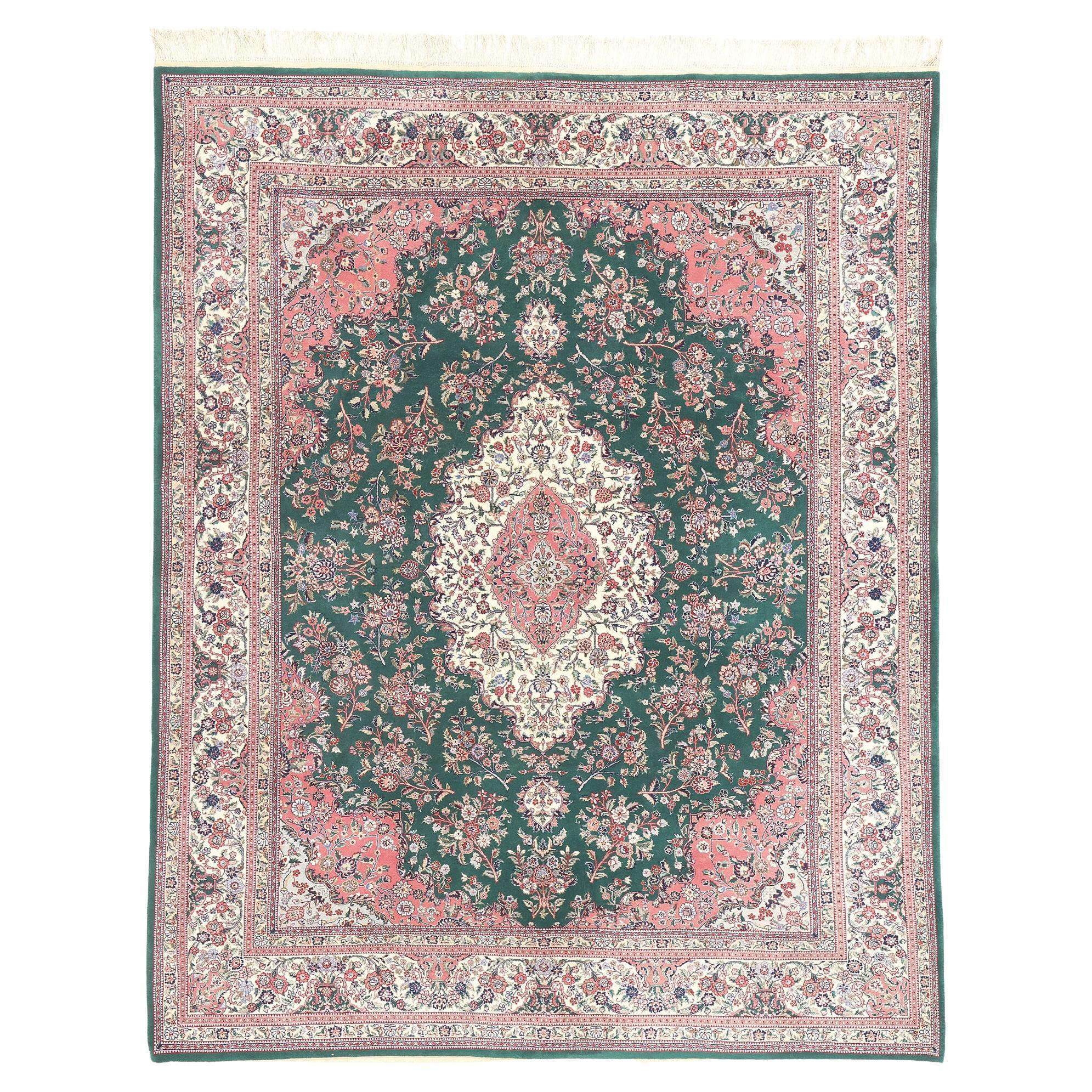 Wool & Silk Vintage Chinese Tabriz Rug, English Chintz Meets Maximalist Opulence For Sale