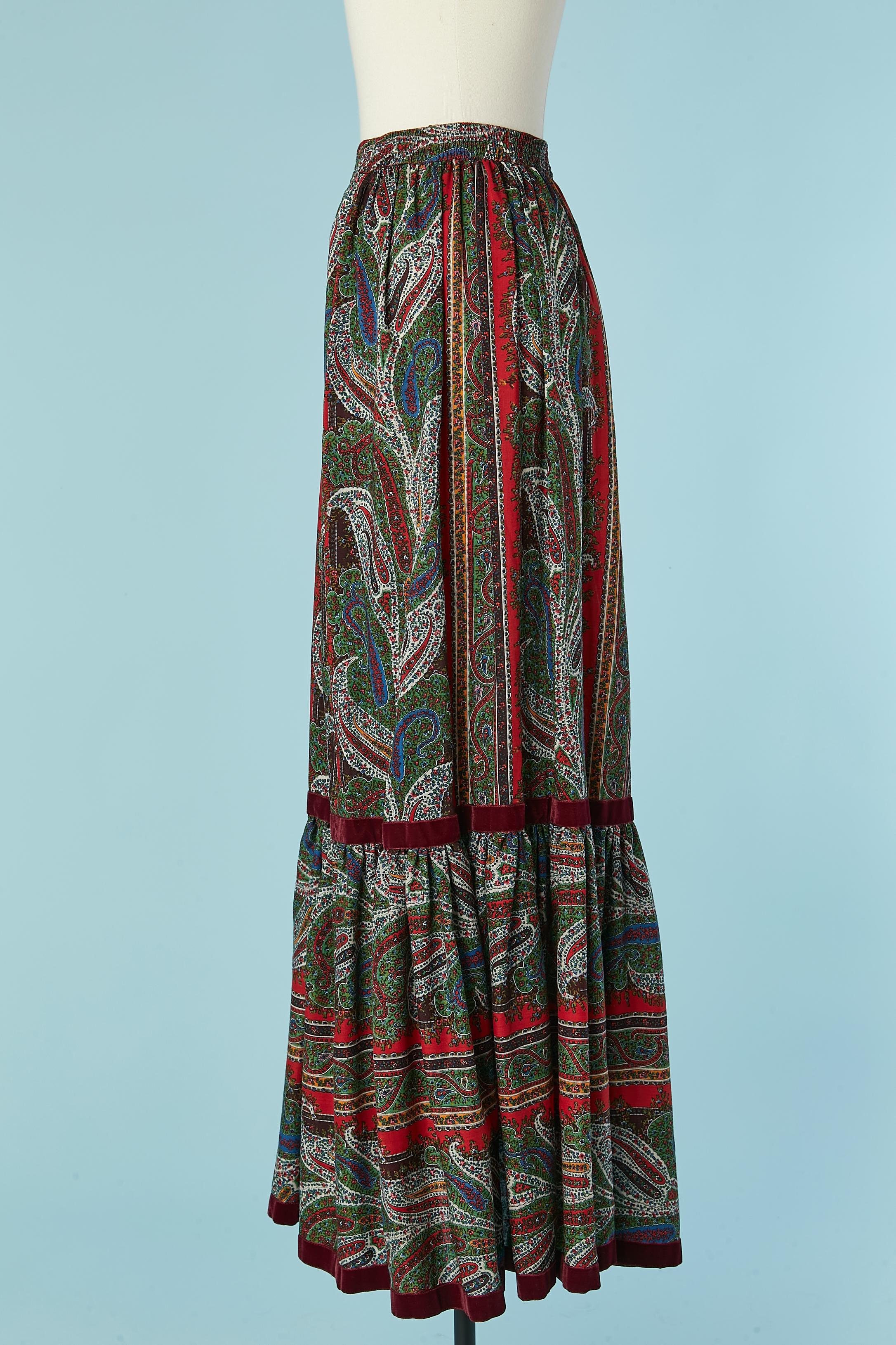 Wool skirt with Paisley print ruffle and velvet ribbon Saint Laurent Rive Gauche In Excellent Condition For Sale In Saint-Ouen-Sur-Seine, FR