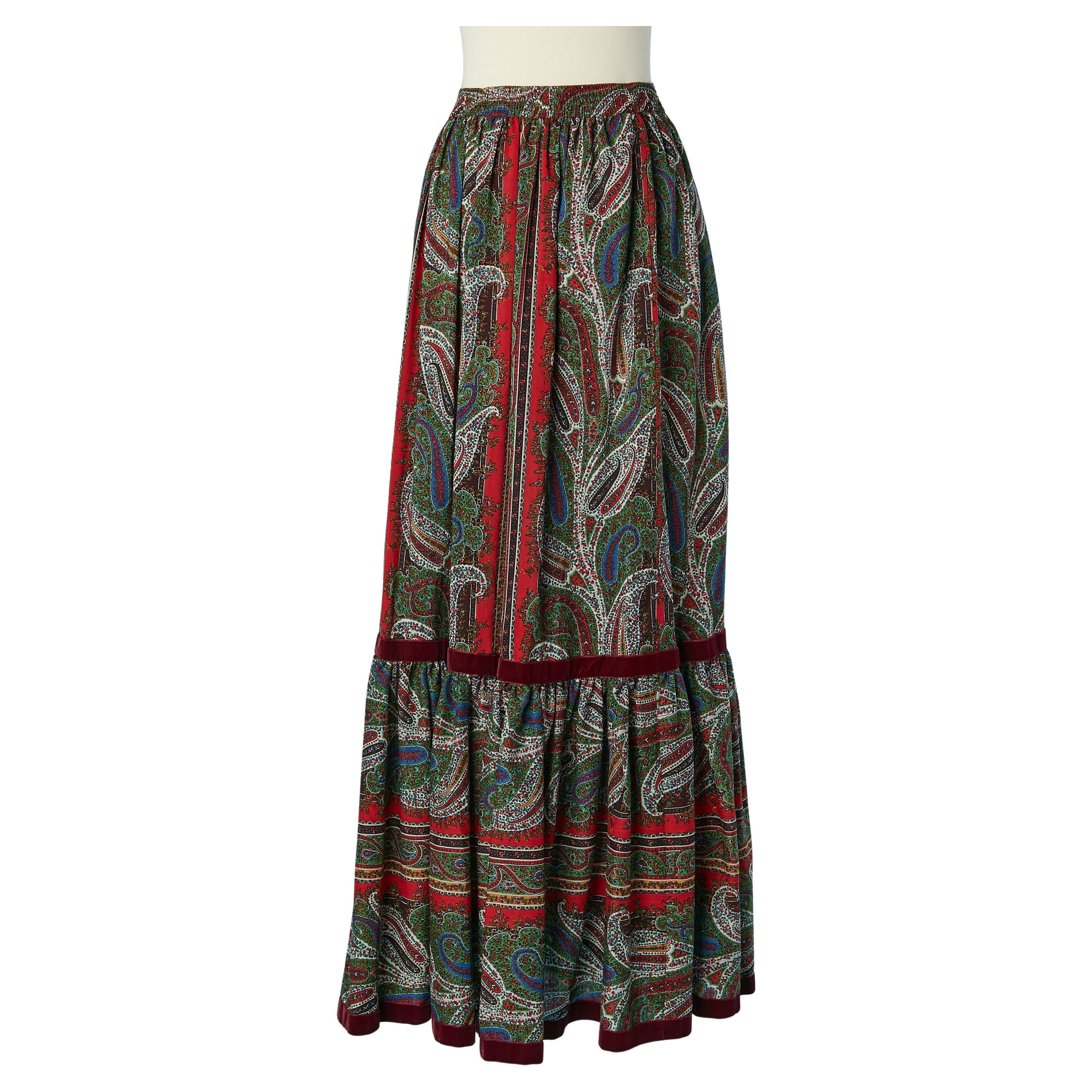 Wool skirt with Paisley print ruffle and velvet ribbon Saint Laurent Rive Gauche For Sale