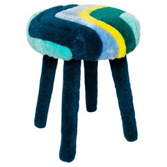 Wool Stool in Green/Blue by Vintola Studio, Hand-Tufted Multicolored Seat