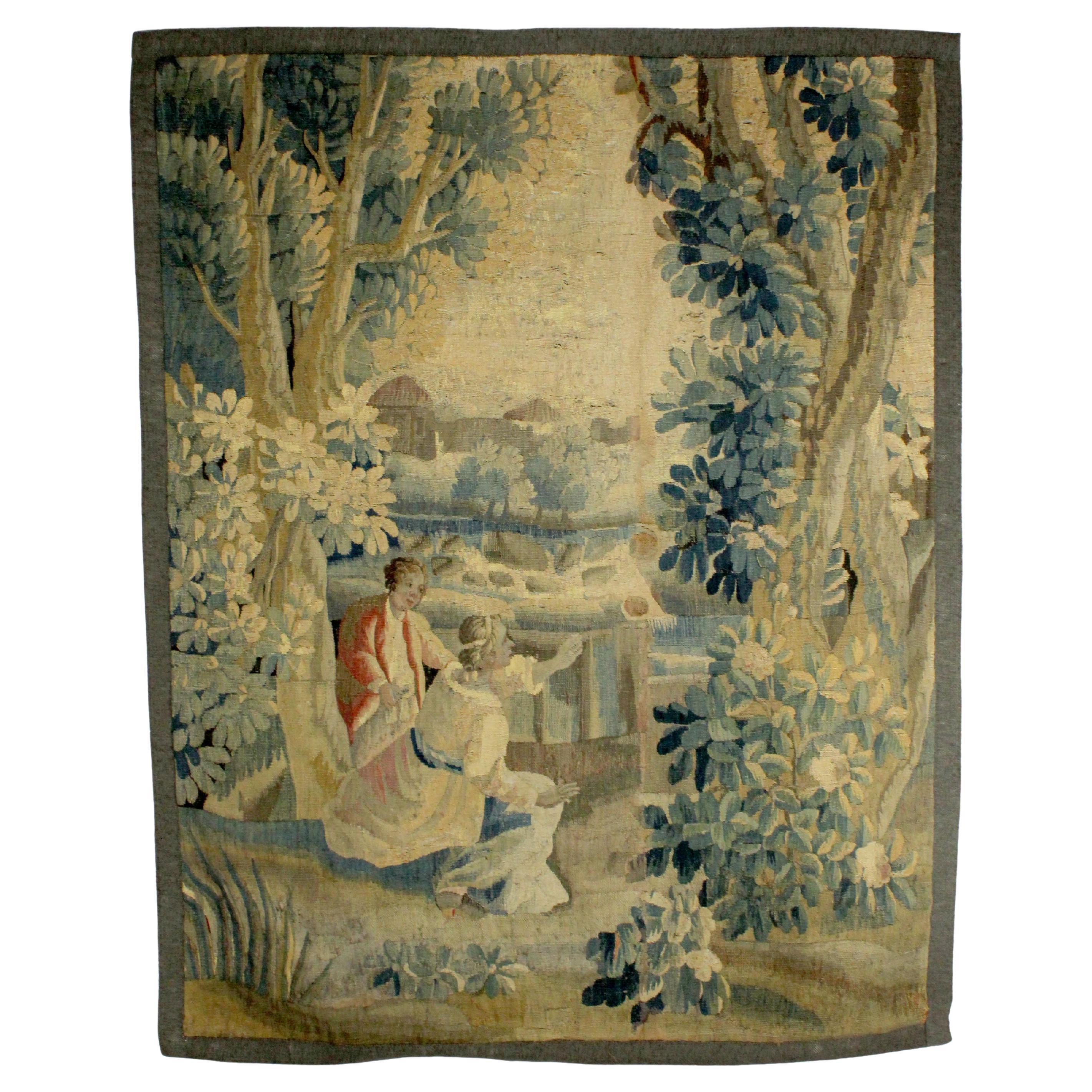 Wool tapestry depicting "The Blind Hen" from the cartoon by Jean Baptiste Huet For Sale