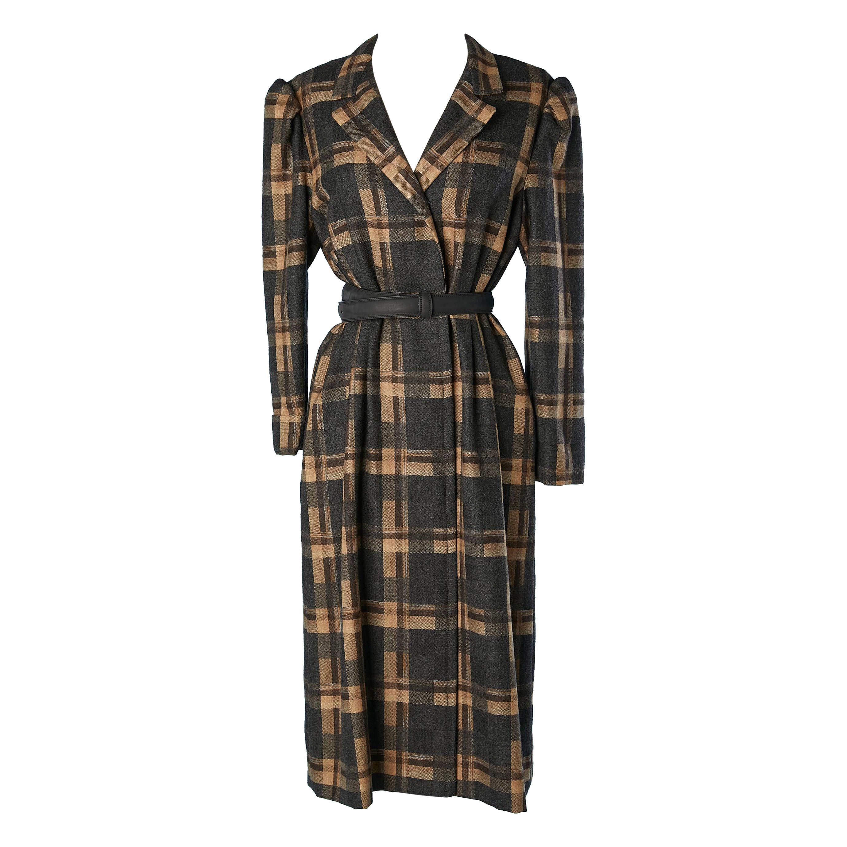 Manteau en laine écossaise  Avec ceinture en cuir GALANOS pour Neiman Marcus