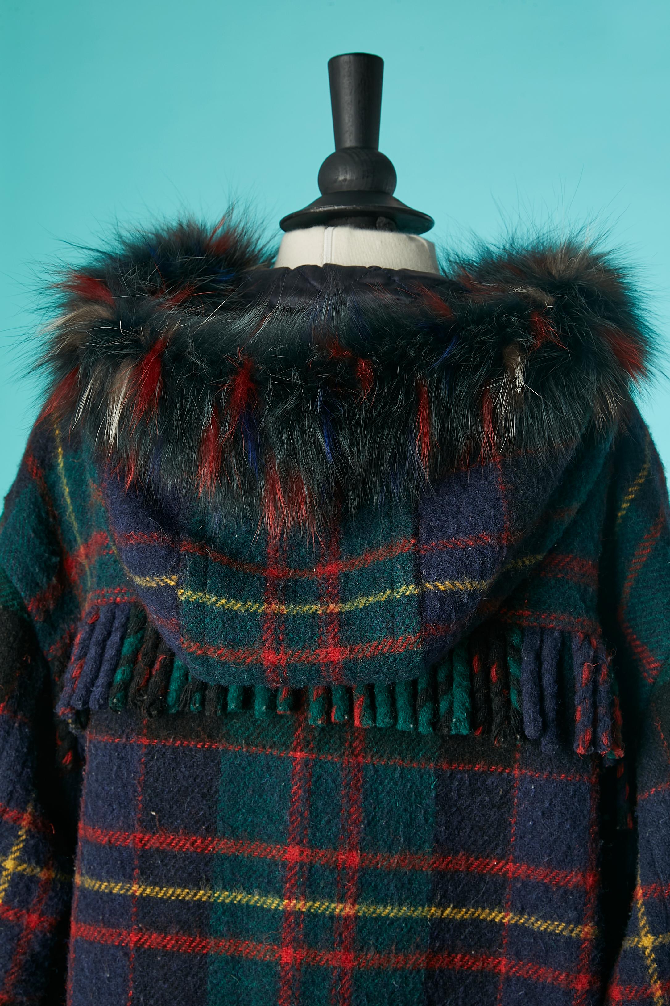 Wool tartan duffle-coat with multicolor furs collar Yves Saint Laurent Fourrure  For Sale 2