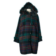 Vintage Wool tartan duffle-coat with multicolor furs collar Yves Saint Laurent Fourrure 