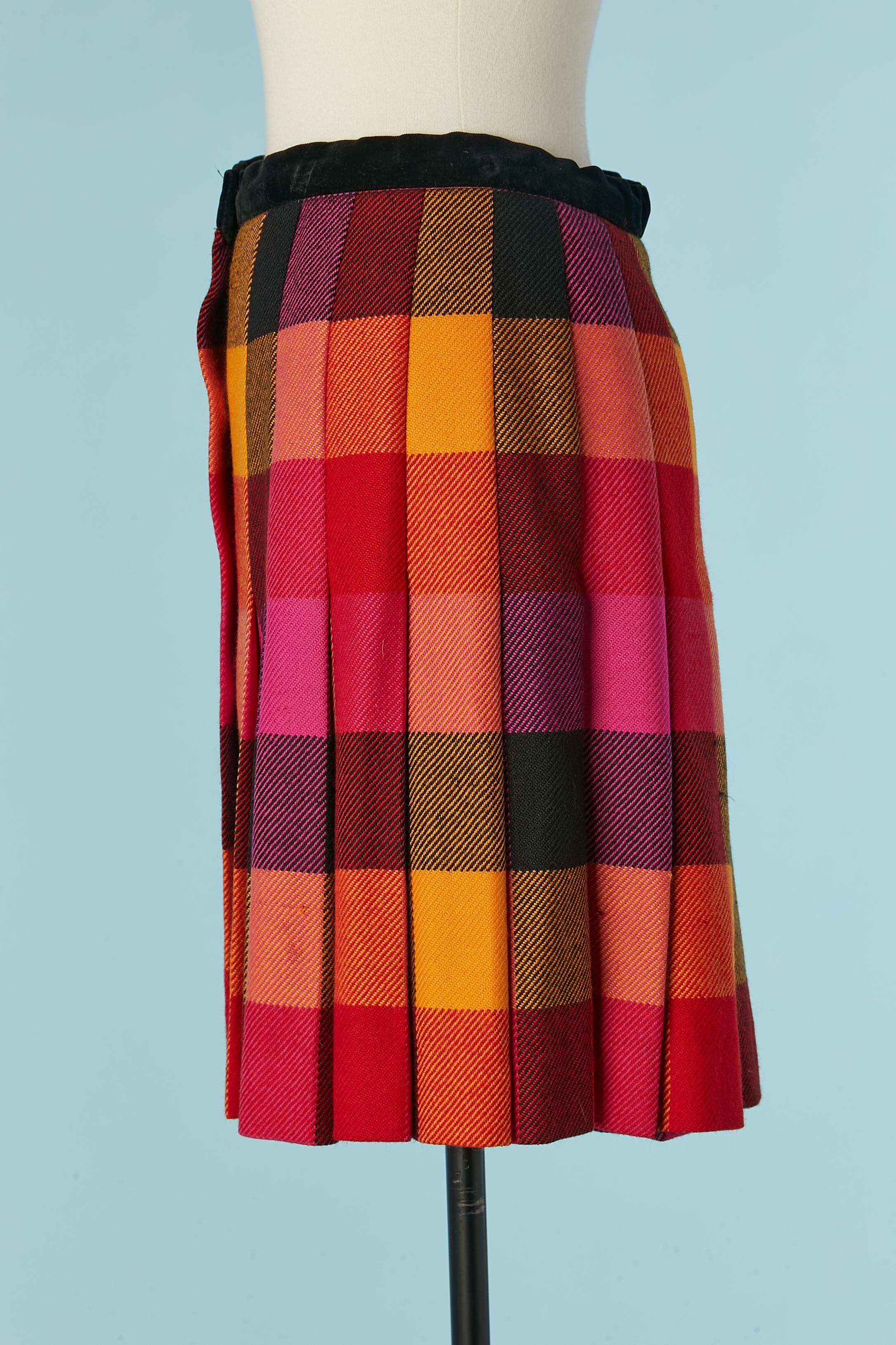 Red Wool Tartan pleated skirt with black velvet waist Escada by Margaretha Ley For Sale