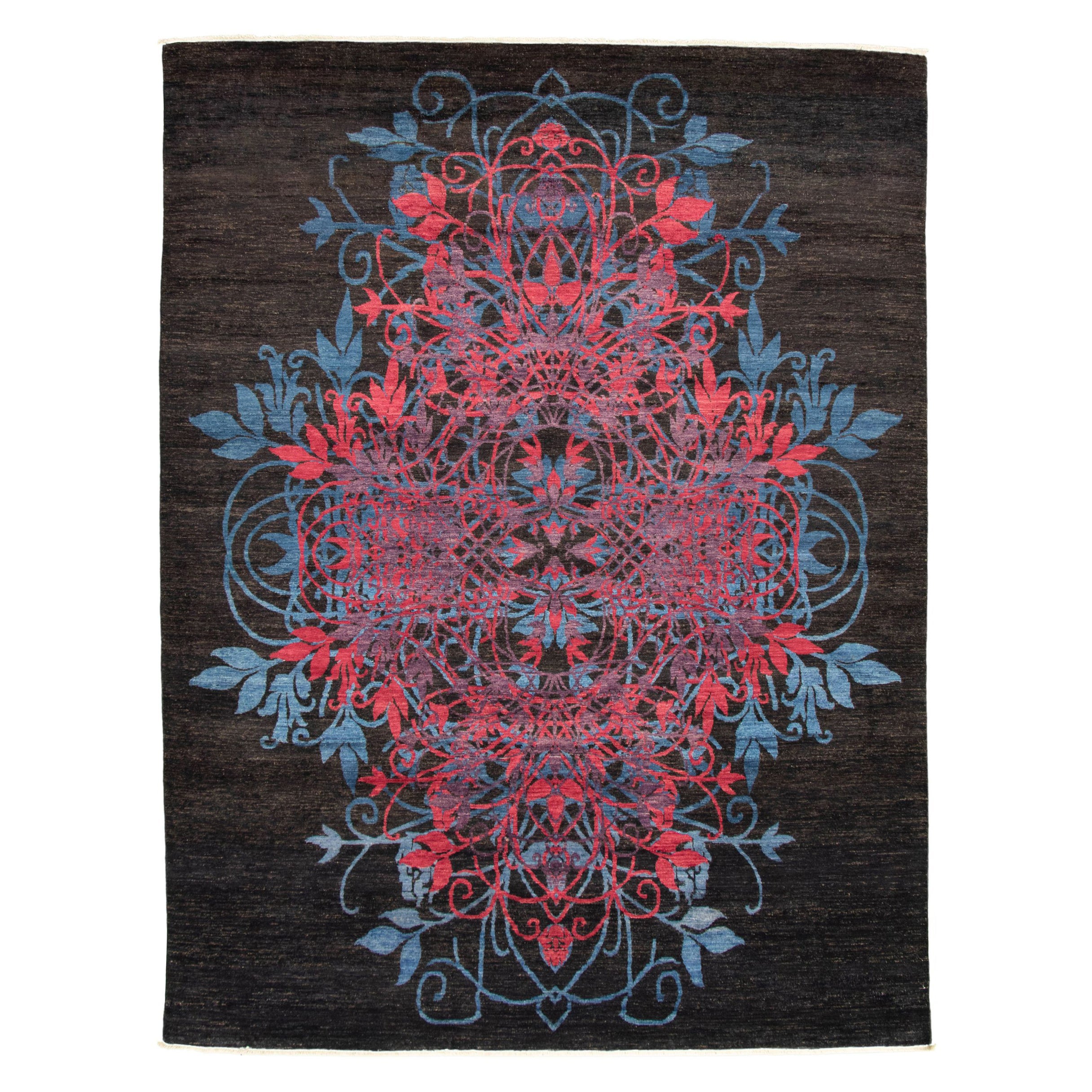 Wool Transitional Dual-Medallion Blue and Pink Hand-Knotted Carpet, 8' x 10'