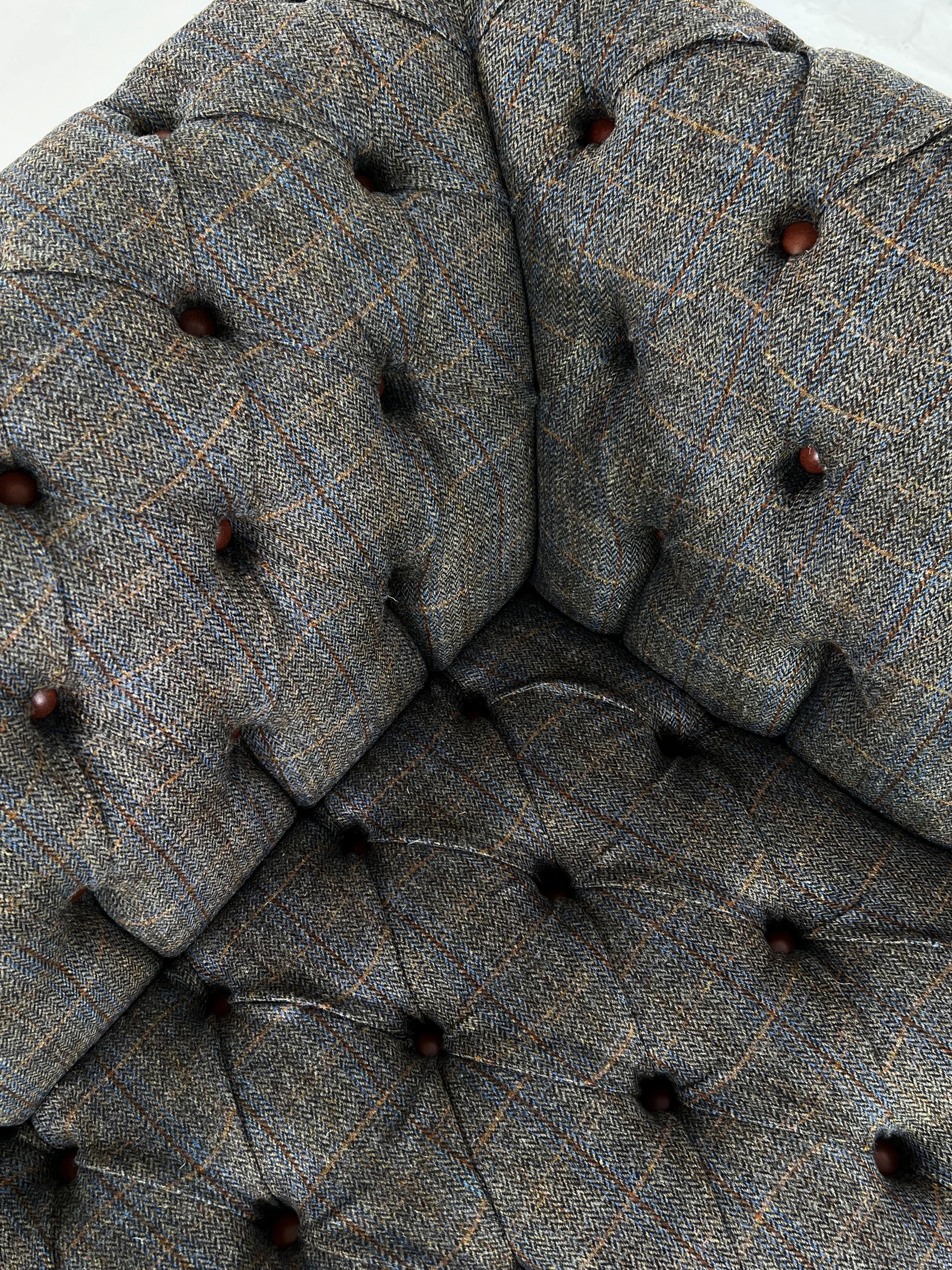 Wool Tweed Fabric with Leather Finishes and Wood Chesterfield Sofa For Sale 1