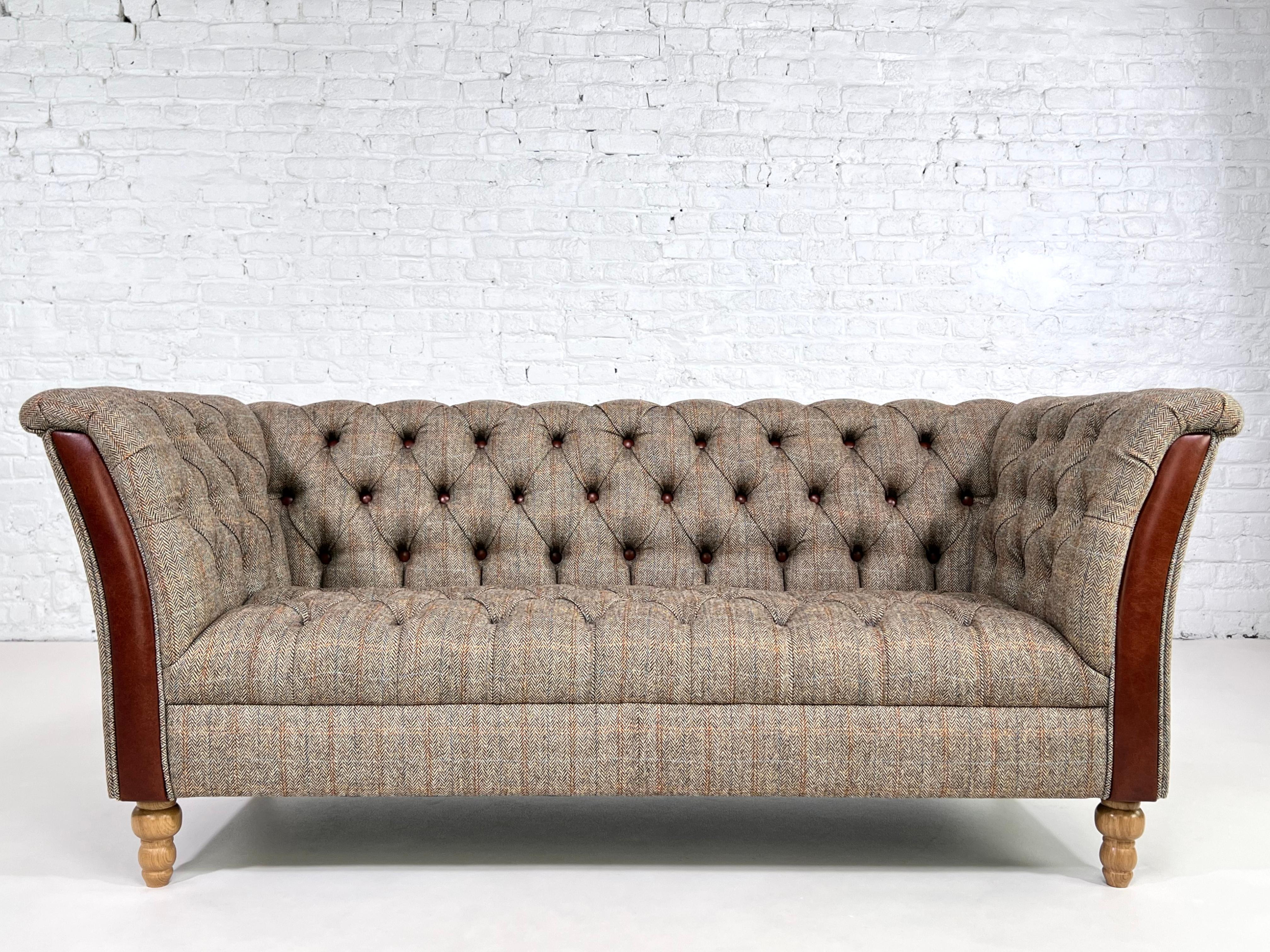 Wool Tweed Fabric with Leather Finishes and Wood Chesterfield Sofa For Sale 2