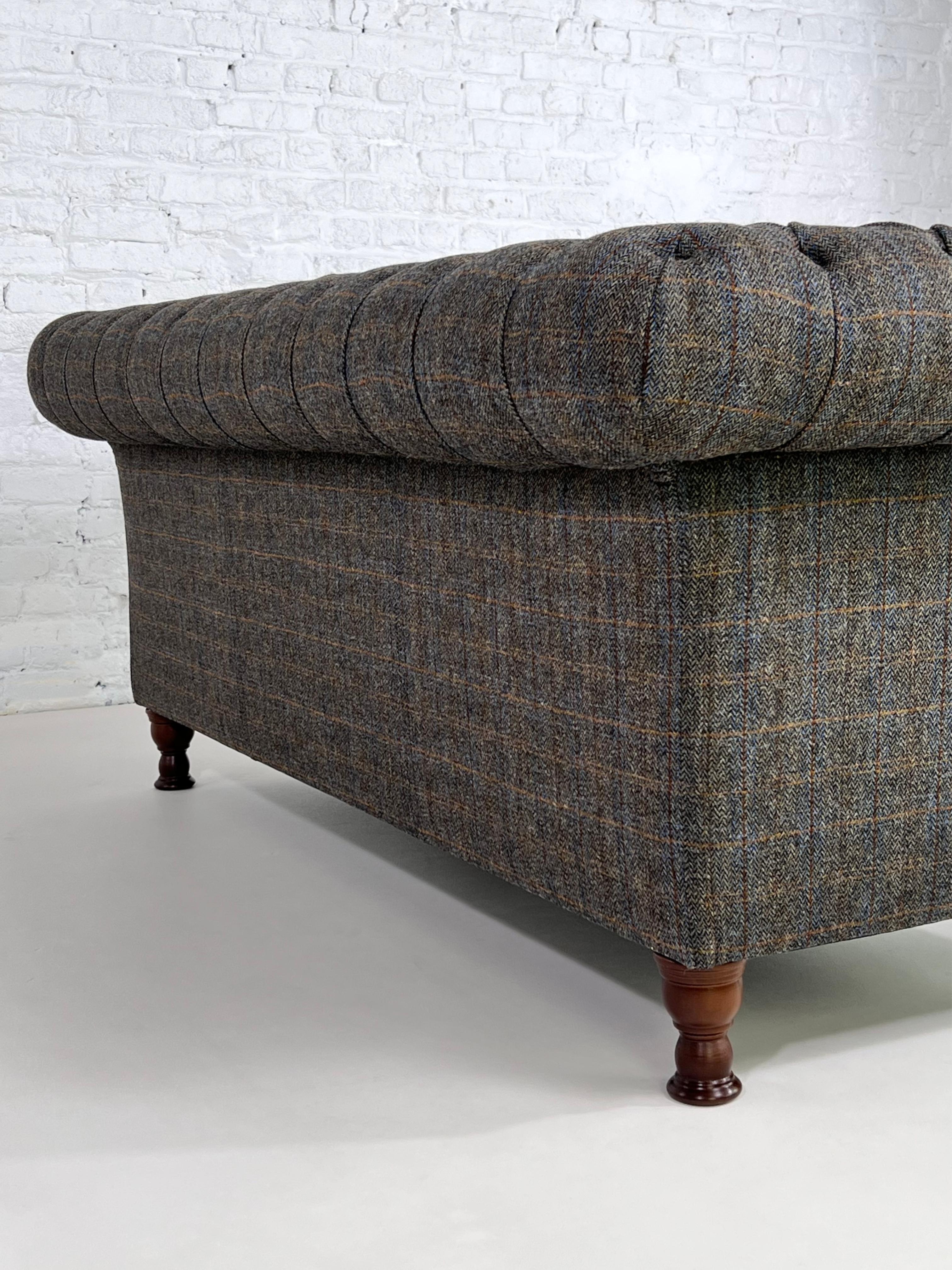 Wool Tweed Fabric with Leather Finishes and Wood Chesterfield Sofa For Sale 2