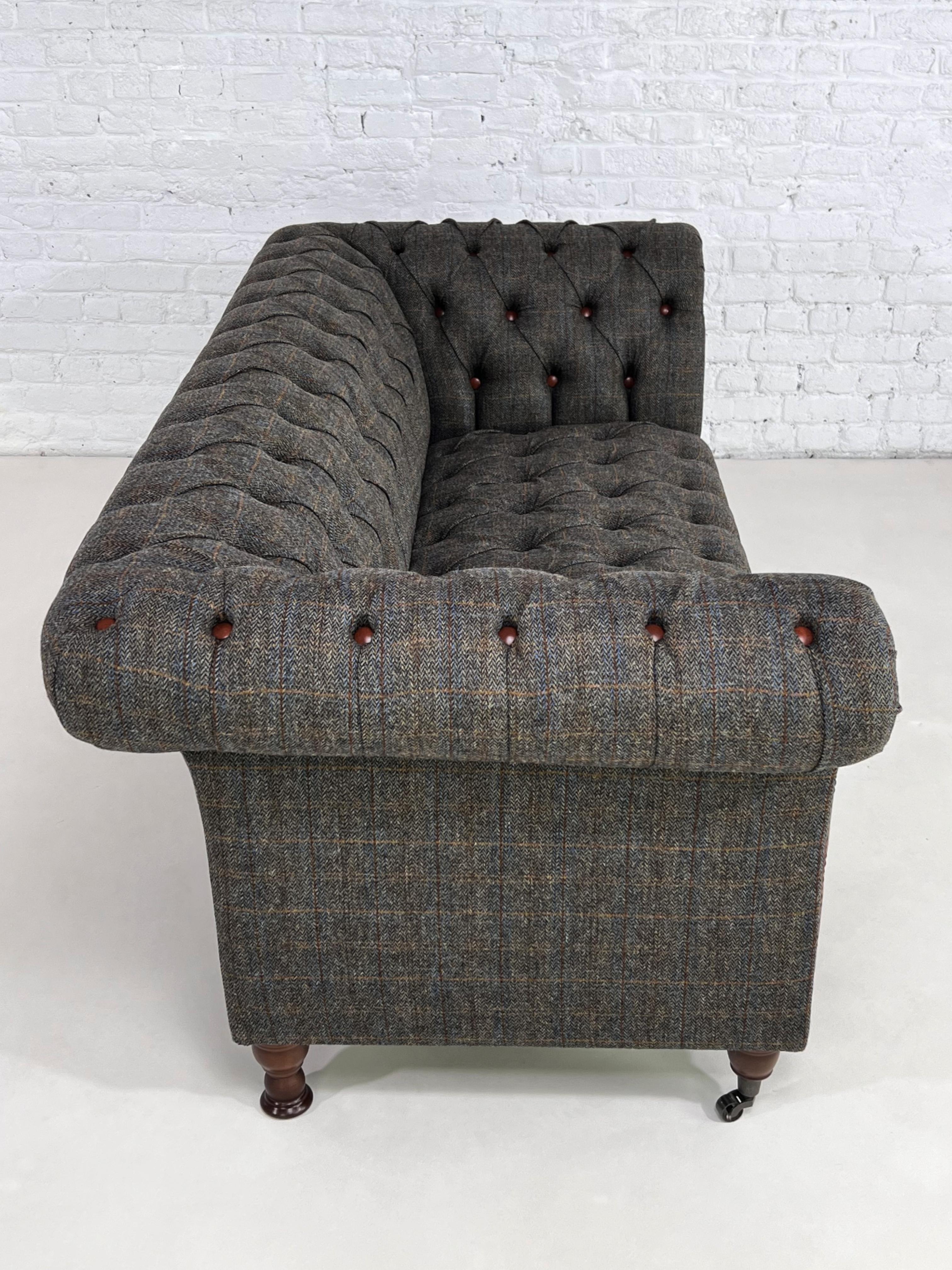 Wool Tweed Fabric with Leather Finishes and Wood Chesterfield Sofa For Sale 4