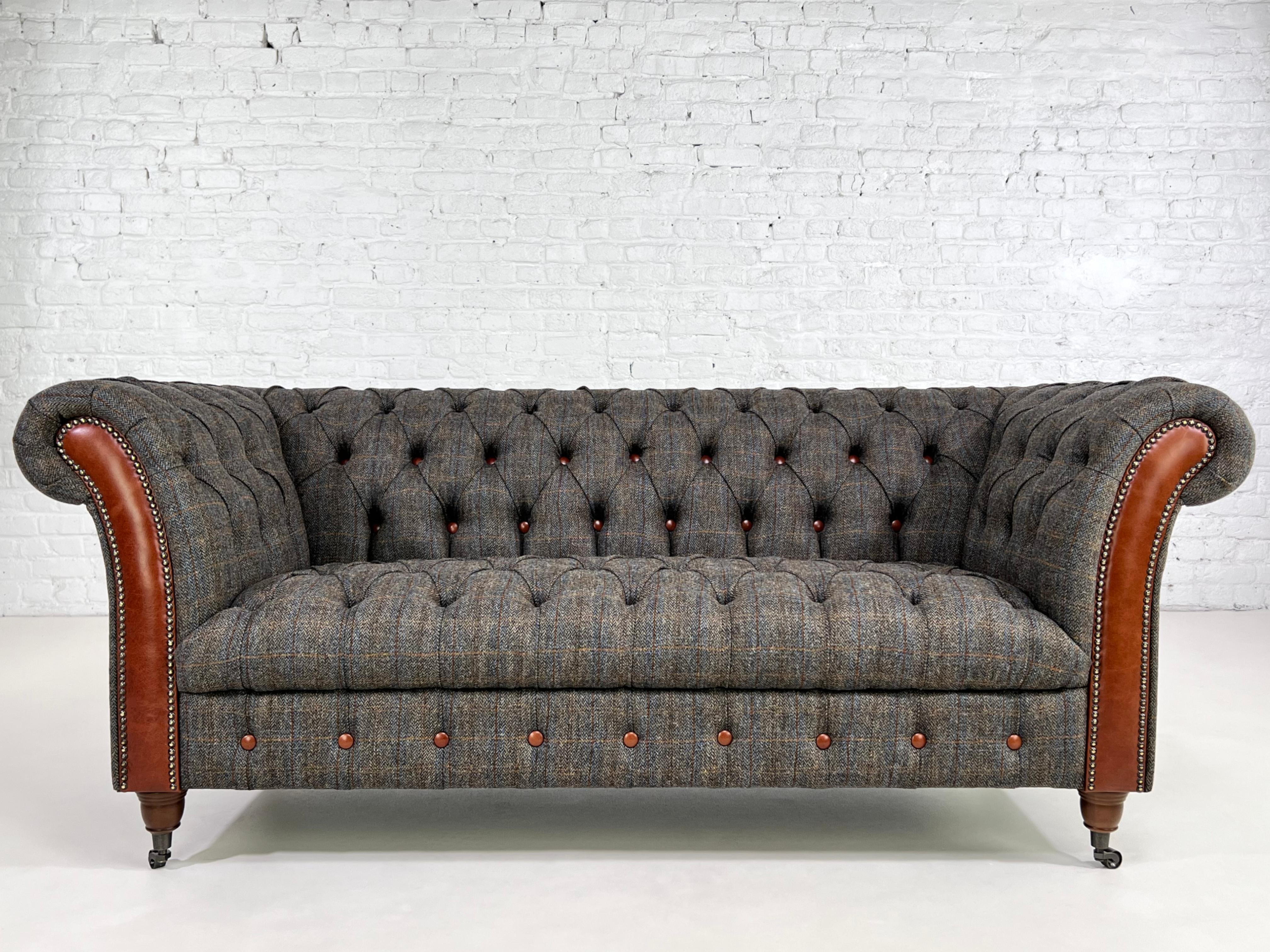 Wool Tweet Fabric With Leather Padded Button Finishes And Wooden Feet Chesterfield Sofa.