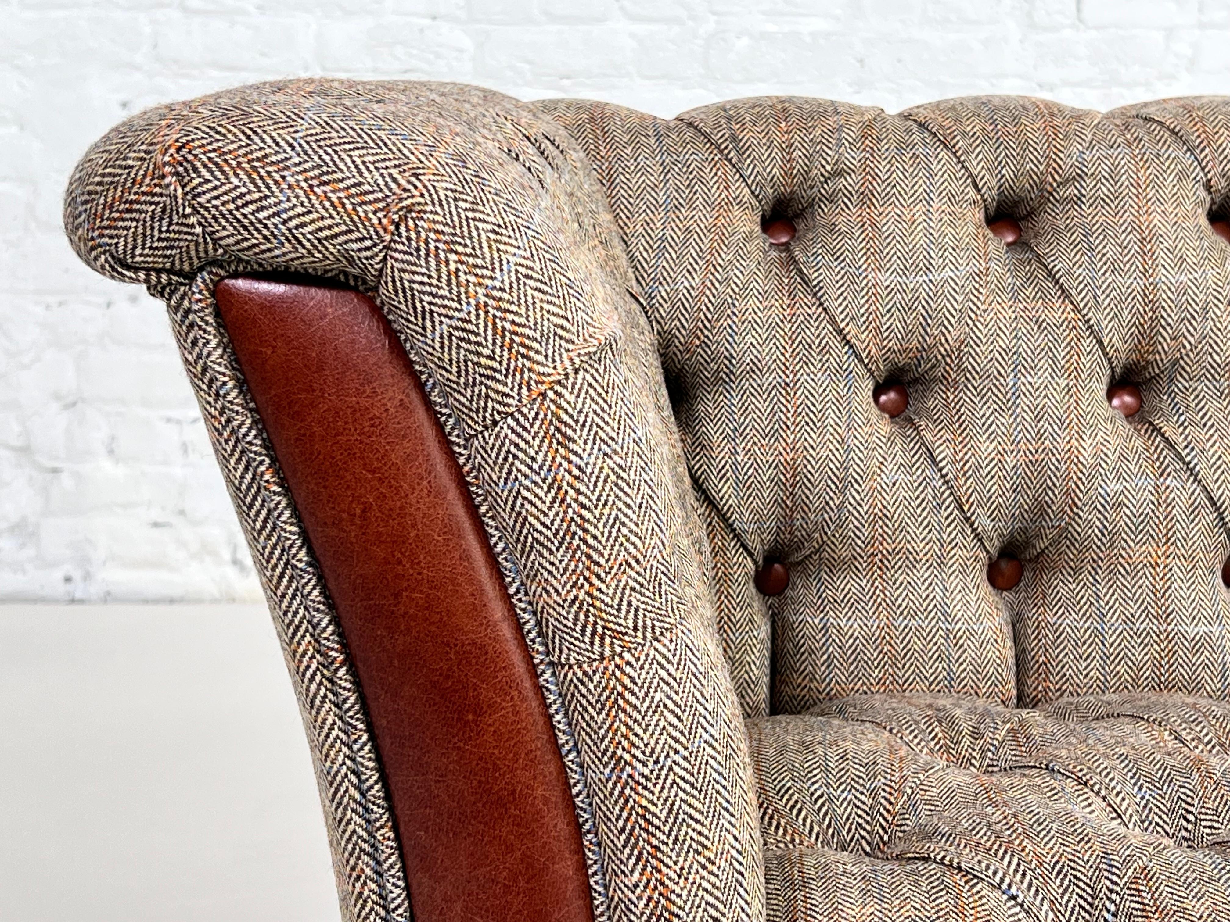 European Wool Tweed Fabric with Leather Finishes and Wood Chesterfield Sofa For Sale