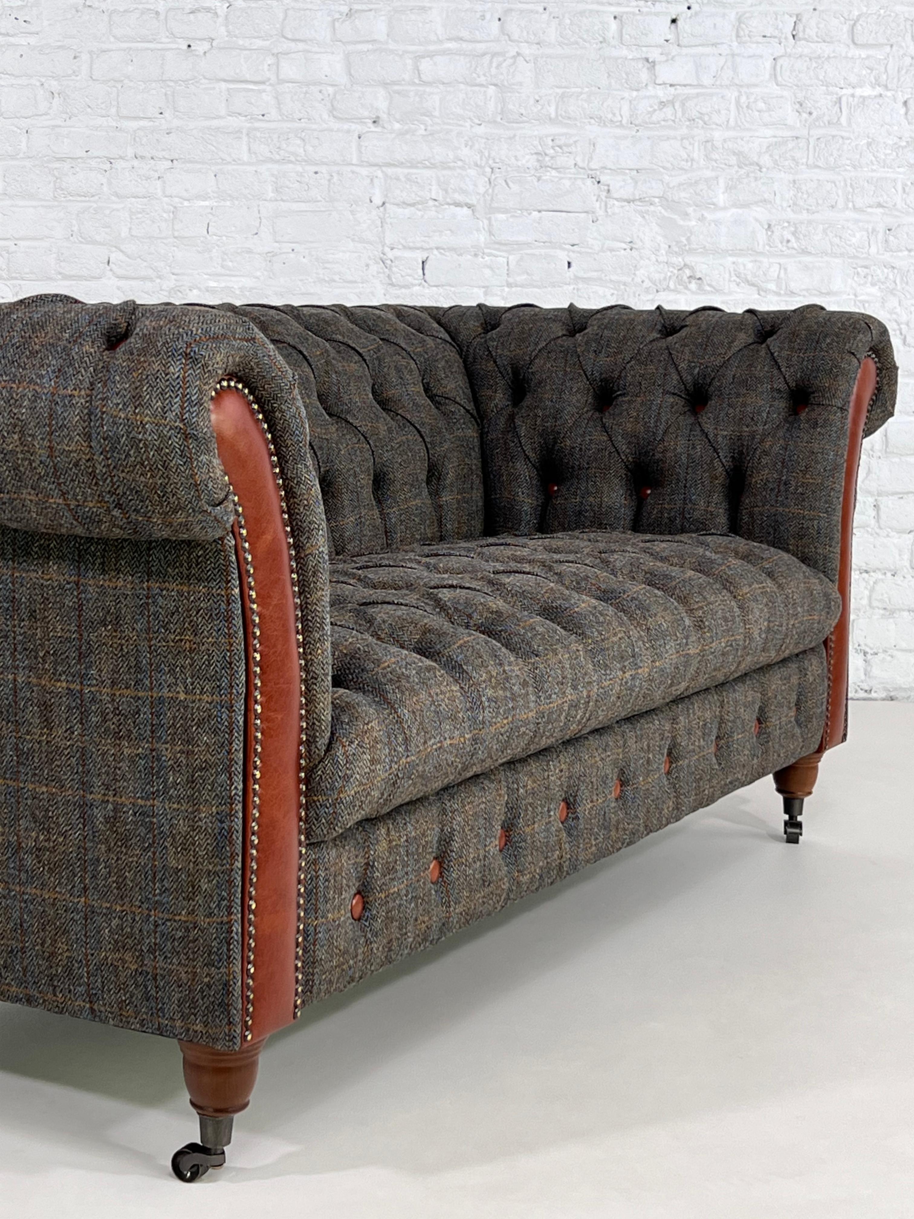 European Wool Tweed Fabric with Leather Finishes and Wood Chesterfield Sofa For Sale