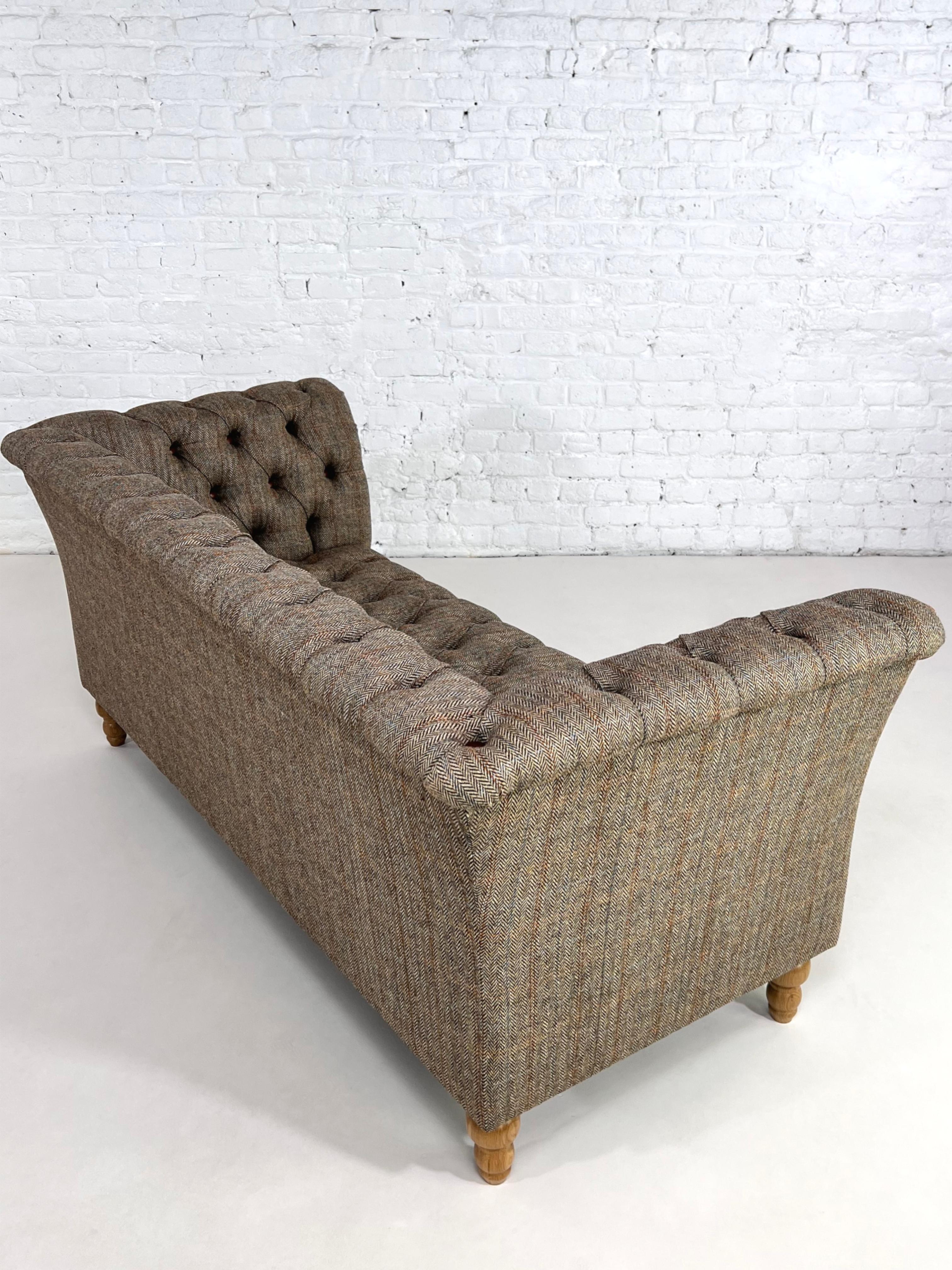 Contemporary Wool Tweed Fabric with Leather Finishes and Wood Chesterfield Sofa For Sale