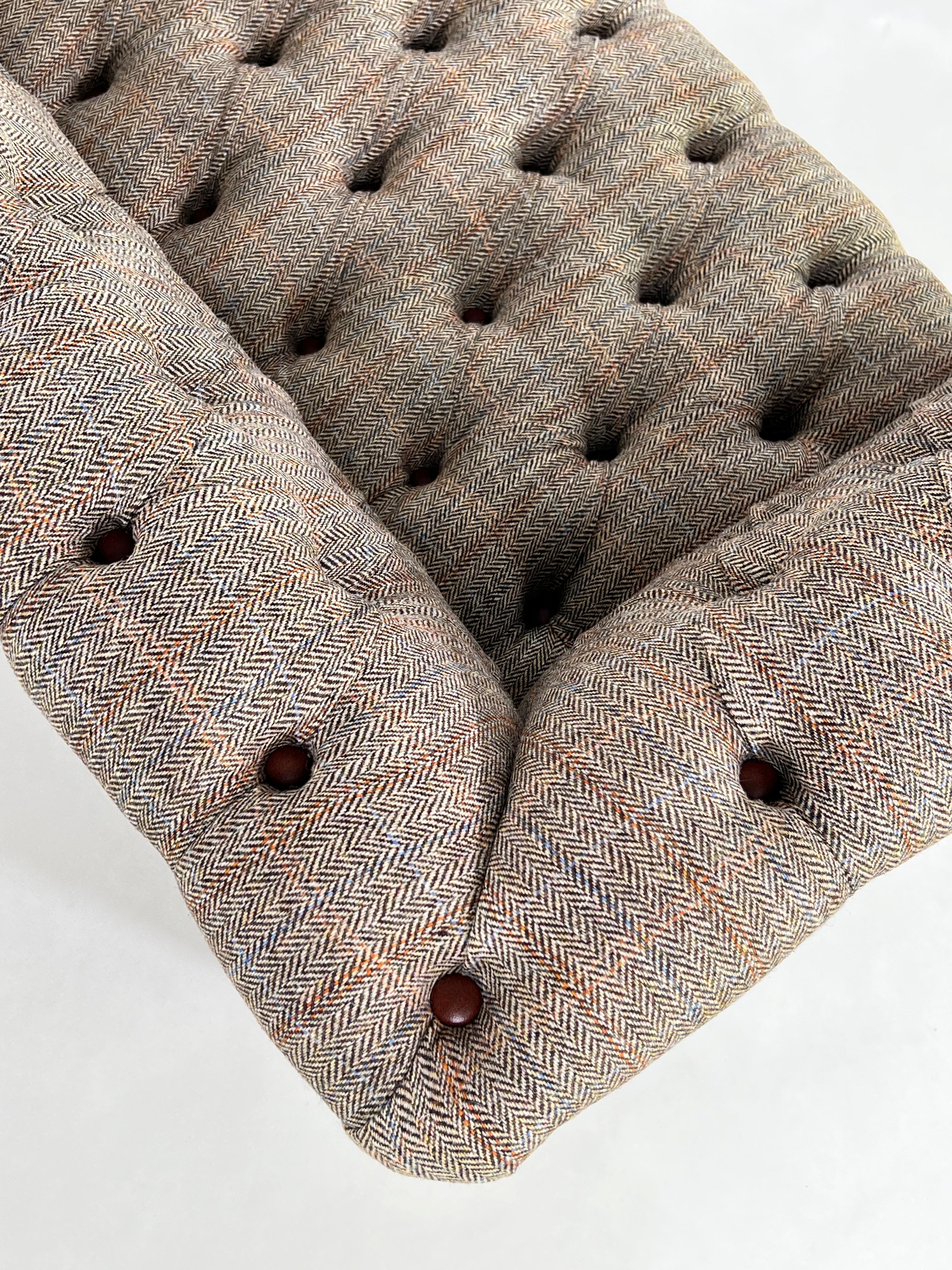 Velvet Wool Tweed Fabric with Leather Finishes and Wood Chesterfield Sofa For Sale