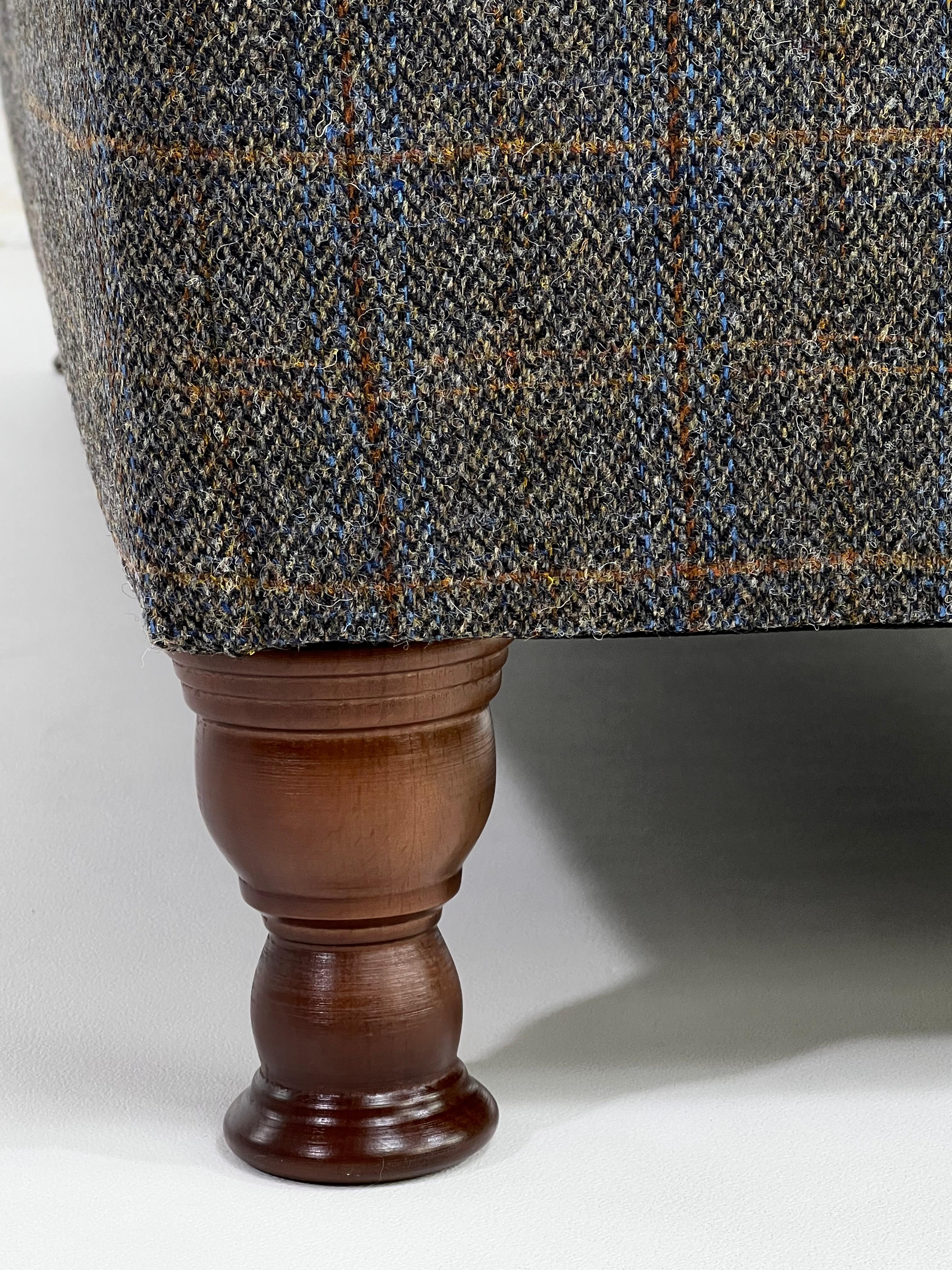 Velvet Wool Tweed Fabric with Leather Finishes and Wood Chesterfield Sofa For Sale