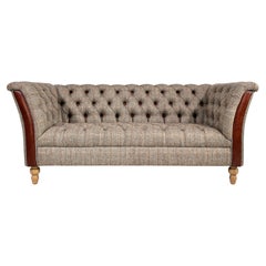 Wool Tweed Fabric with Leather Finishes and Wood Chesterfield Sofa