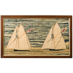 Antique Wool Work Picture of Two Gaff Rigged Cutters