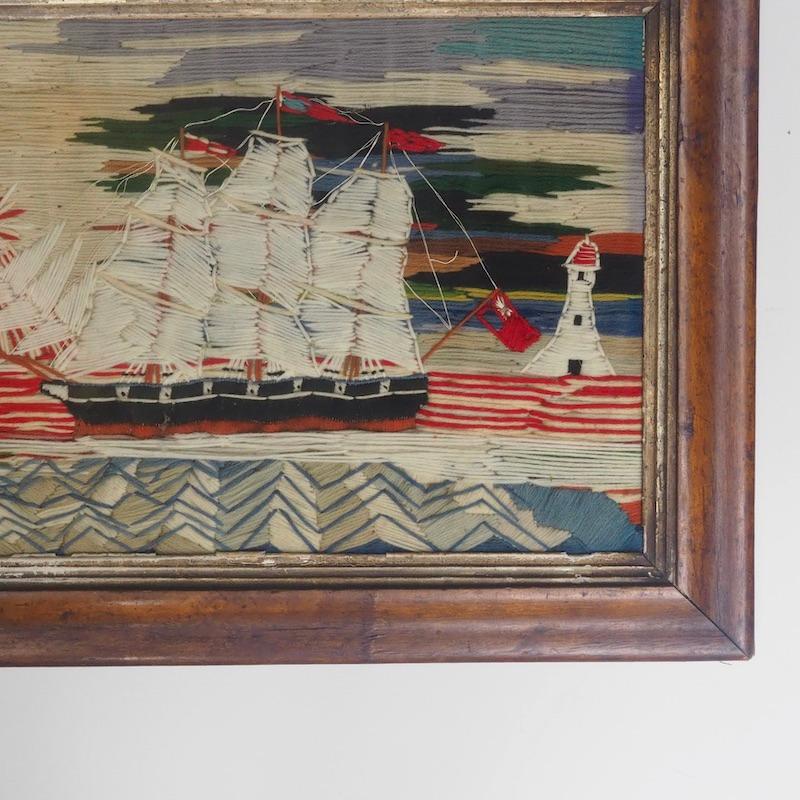 European Wool Work Sailing Ship of a British Sloop Circa 1860