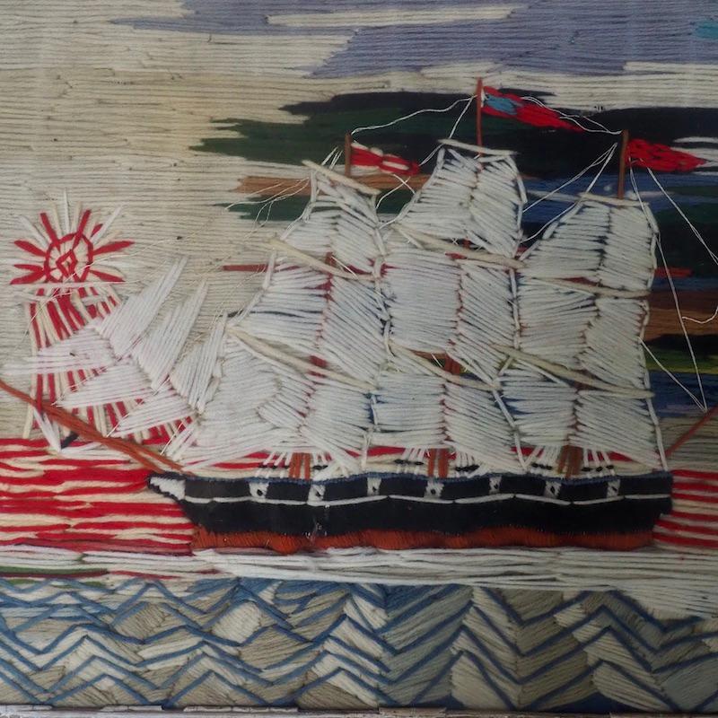 Embroidered Wool Work Sailing Ship of a British Sloop Circa 1860