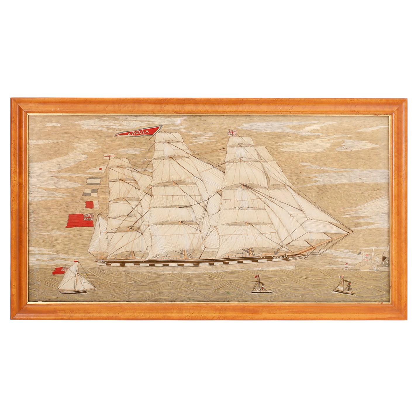 Wool Work 'Woolie' Needlepoint Embroidery of the British Ship Amelia For Sale