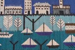 Woolen Mid-Century Hand Knotted Carpet Harbor and Boat Decor, Denmark, 1950's