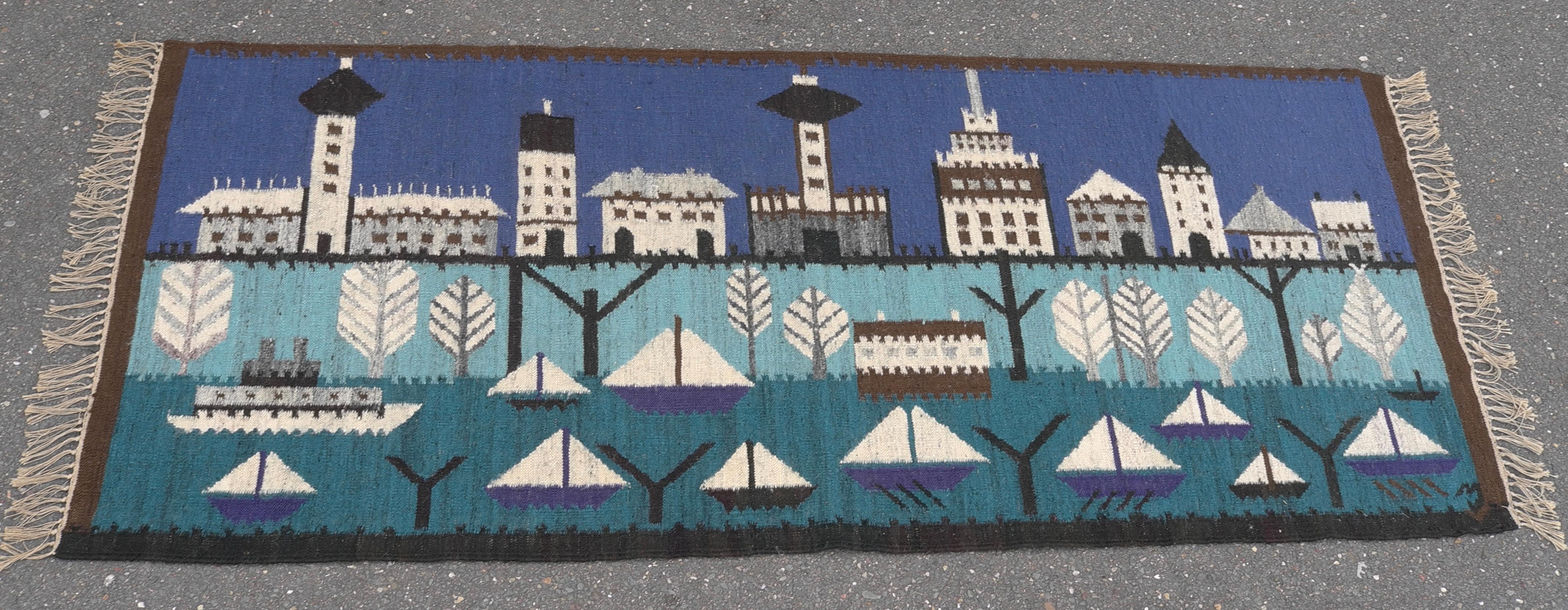 Danish Woolen Mid-Century Hand Knotted Carpet Harbor and Boat Decor, Denmark, 1950's For Sale