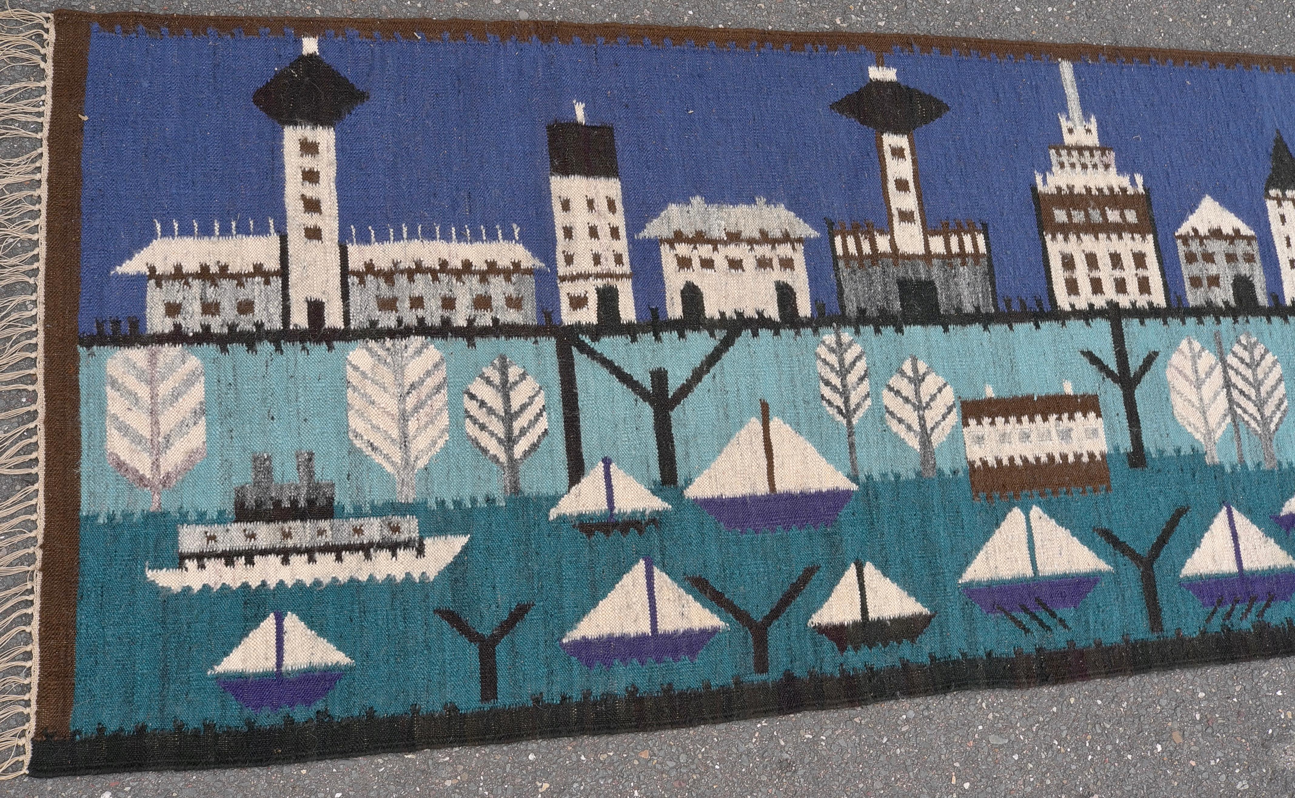 Hand-Knotted Woolen Mid-Century Hand Knotted Carpet Harbor and Boat Decor, Denmark, 1950's For Sale